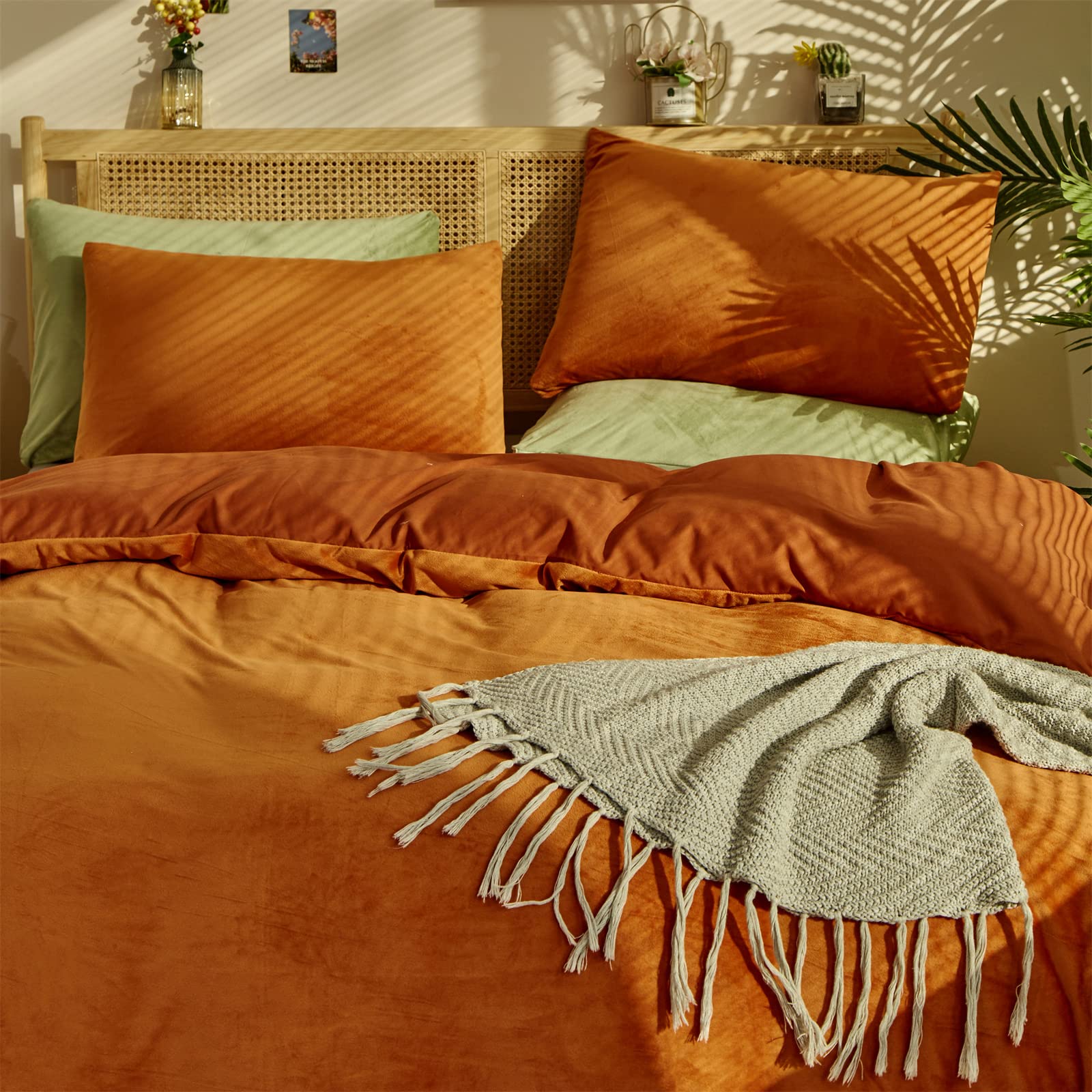 Karever Burnt Orange Color Velvet Comforter Set King Solid Rust Color Flannel Velvet Bedding Comforter Set All Caramel Colour 3