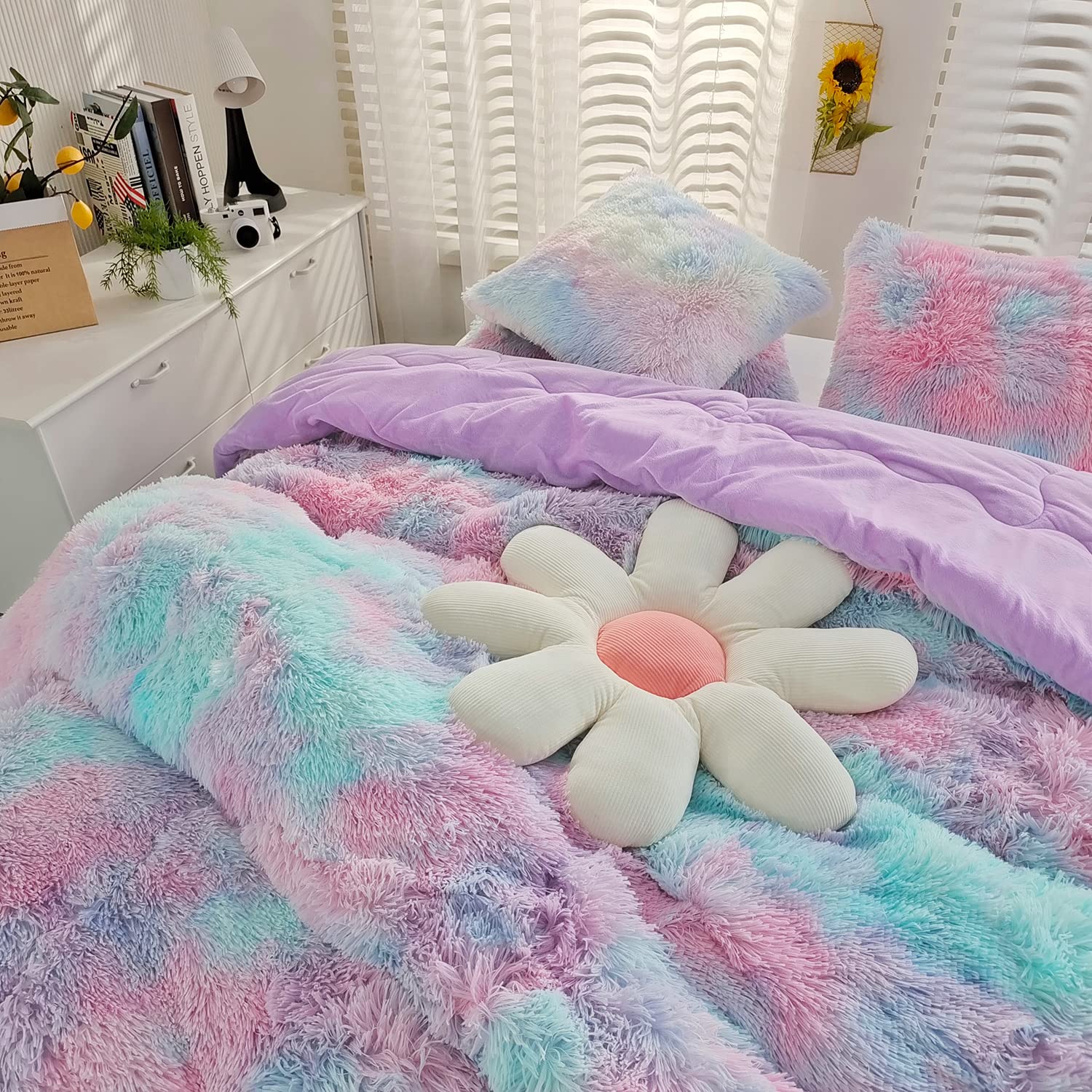 Kids Girls Faux Fur Purple Rainbow Comforter Sets Queen - 3Pc Bed Set Skin Friendly Soft Warm Comfortable Classical Rabbit Plush