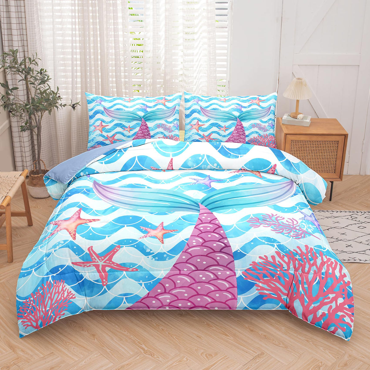 Ninenine Mermaid Tail Bedding Sets For Teens Girls, Princess Comforter Set, Blue Glitter Bedding Sets For Teens Girls,Sea Animal