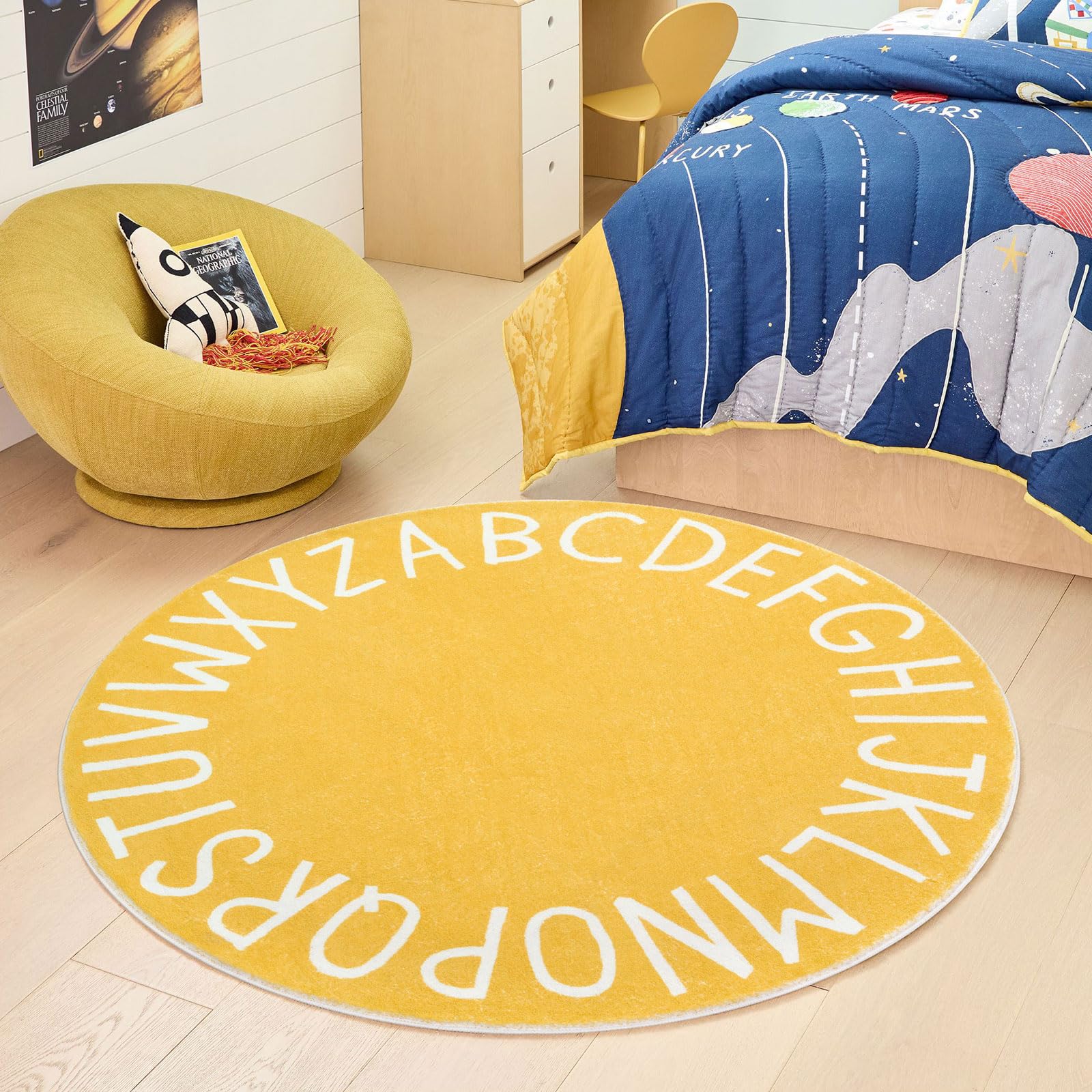Topotdor Round Kids Play Rug Alphabet Nursery Area Rug Extra Large Soft Crawling Play Mat For Children Toddlers Bedroom (47 Inch, Yellow)