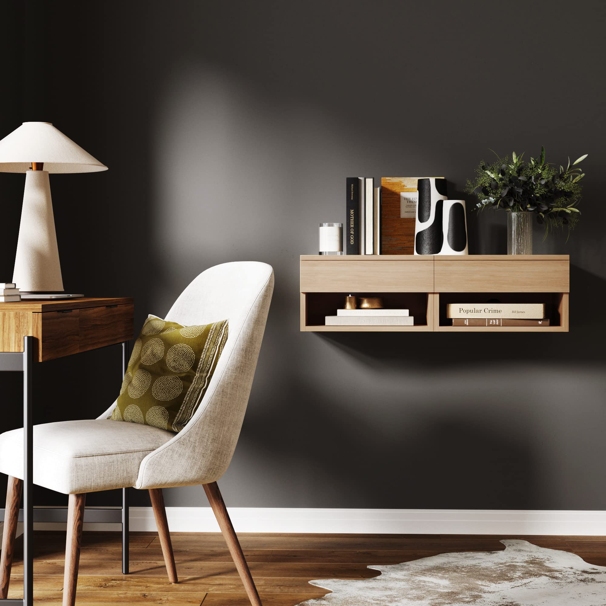 Nathan James Jackson Wall Mounted Floating Bedroom Nightstand With Storage Drawer And Modern Open Shelf Cubby Set Of 2, Light Oak Wood