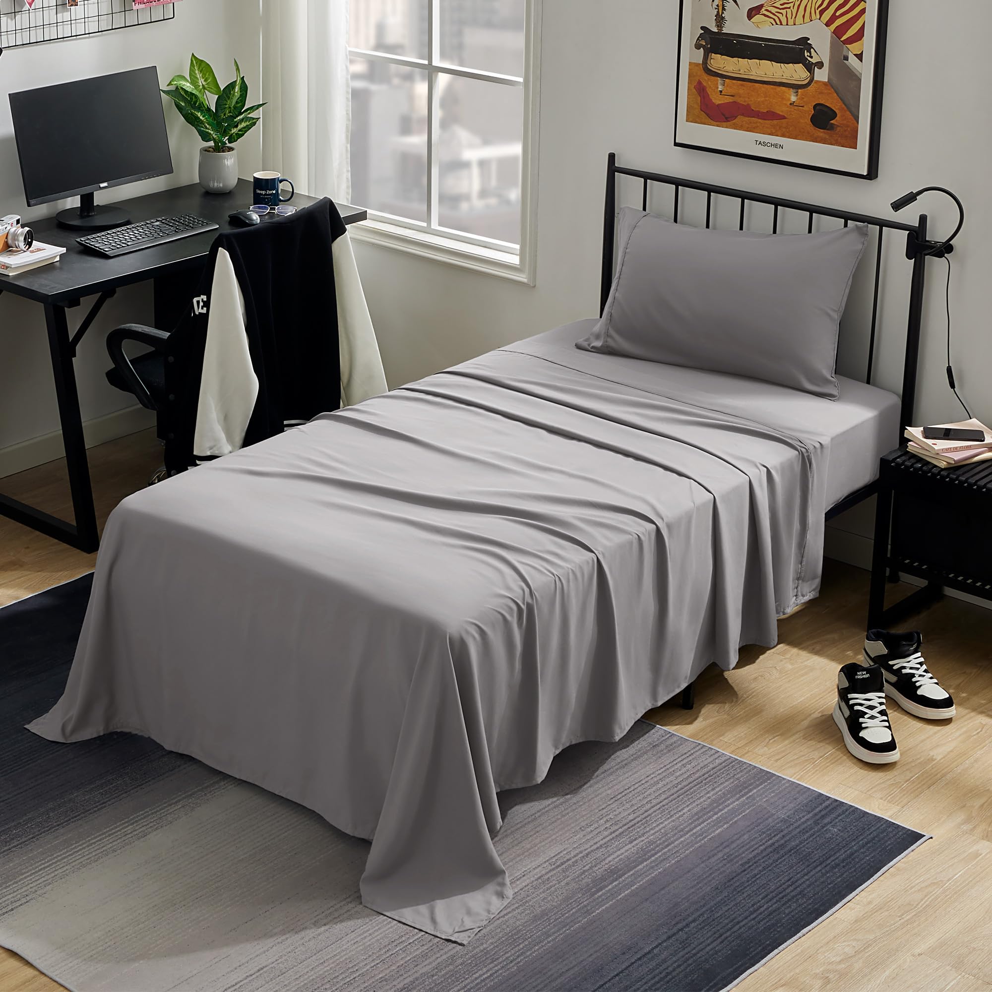 Sleep Zone Nanotex Super Soft Cooling Twin Bed Sheets Set For Kids 3 Piece - Easy Care Fitted Flat Sheet & Pillowcase Sets - Wrinkle Free, Fade Resistant, Deep Pocket 16' (Gull Gray, Twin)