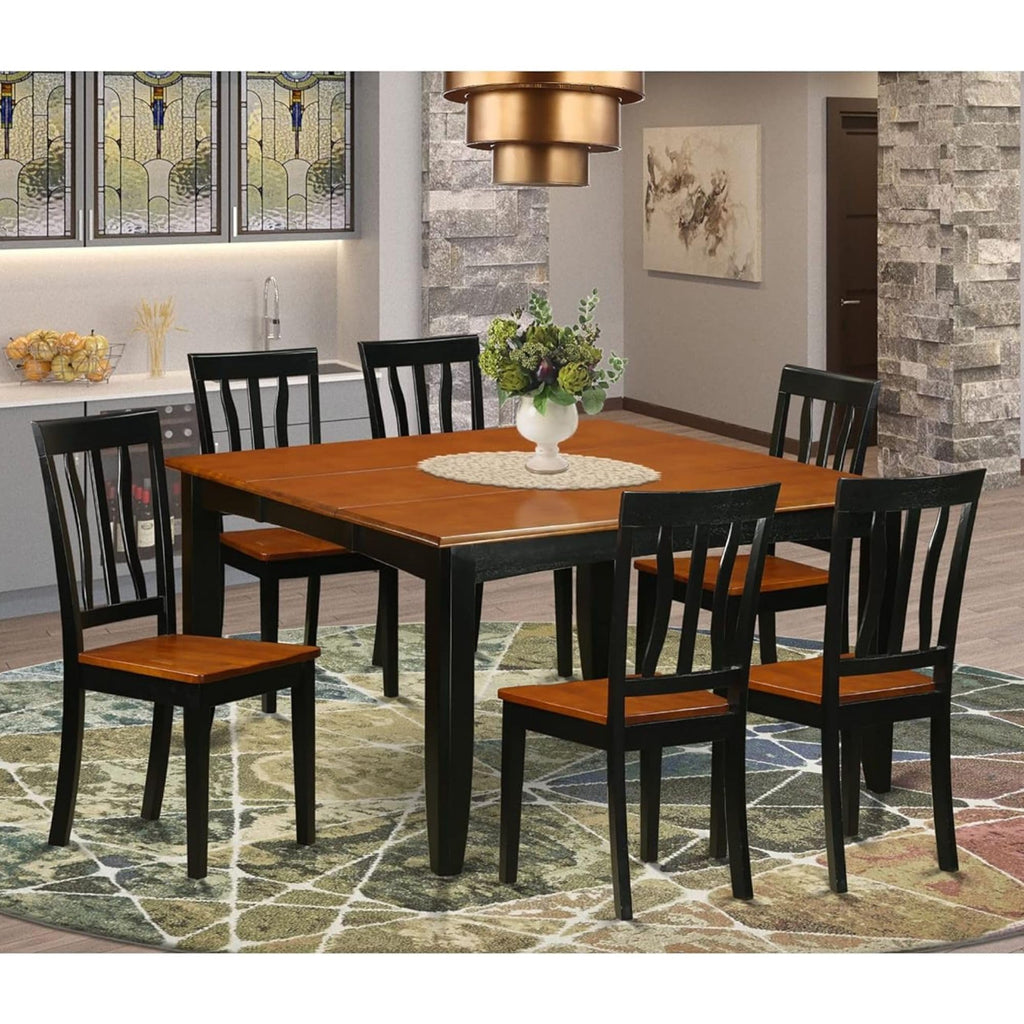 East West Furniture PFAN7-BCH-W 7 Piece Kitchen Table Set Consist of a Square Dining Table with Butterfly Leaf and 6 Dining Chairs, 54x54 Inch, Black & Cherry