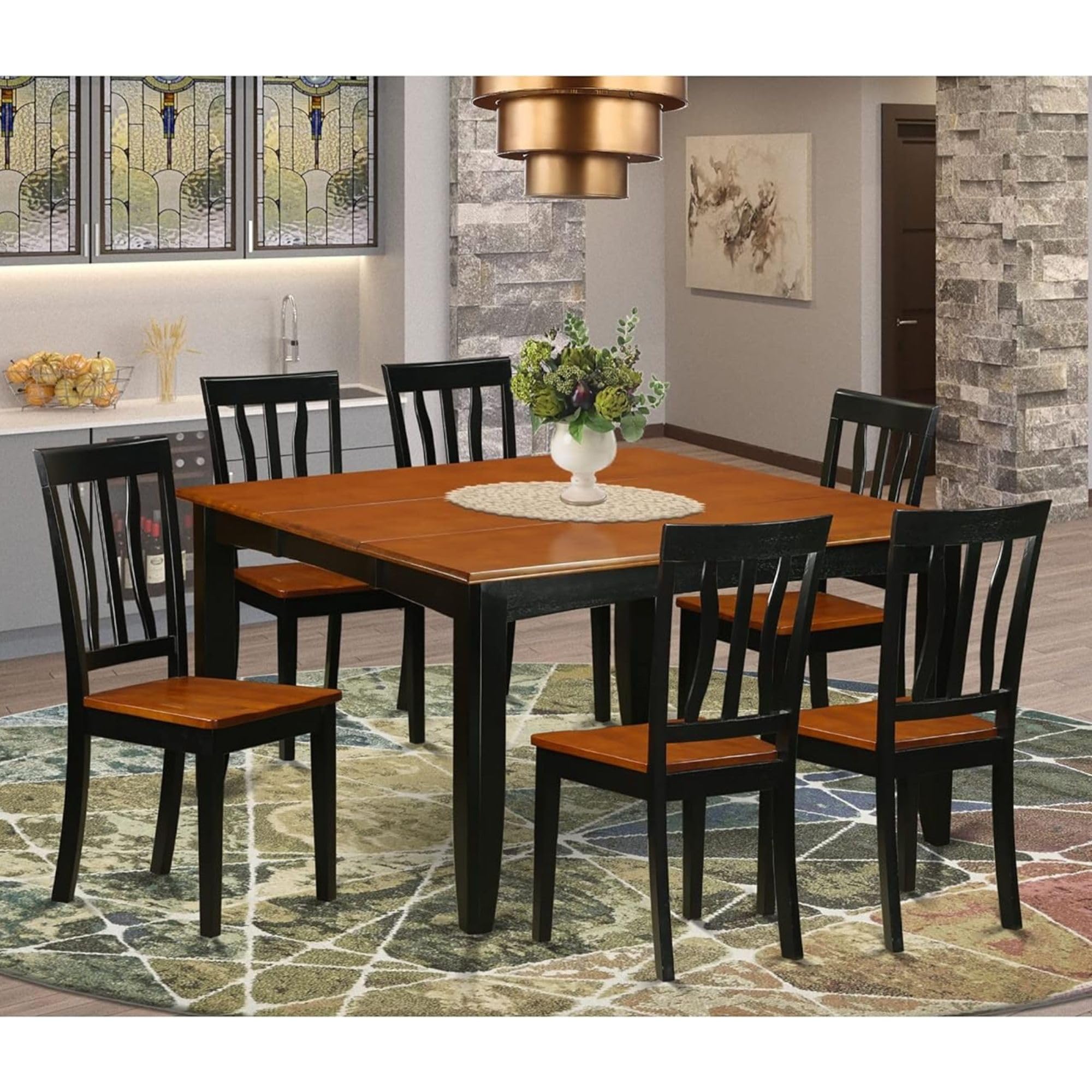 East West Furniture PFAN7-BCH-W 7 Piece Kitchen Table Set Consist of a Square Dining Table with Butterfly Leaf and 6 Dining Chairs, 54x54 Inch, Black & Cherry