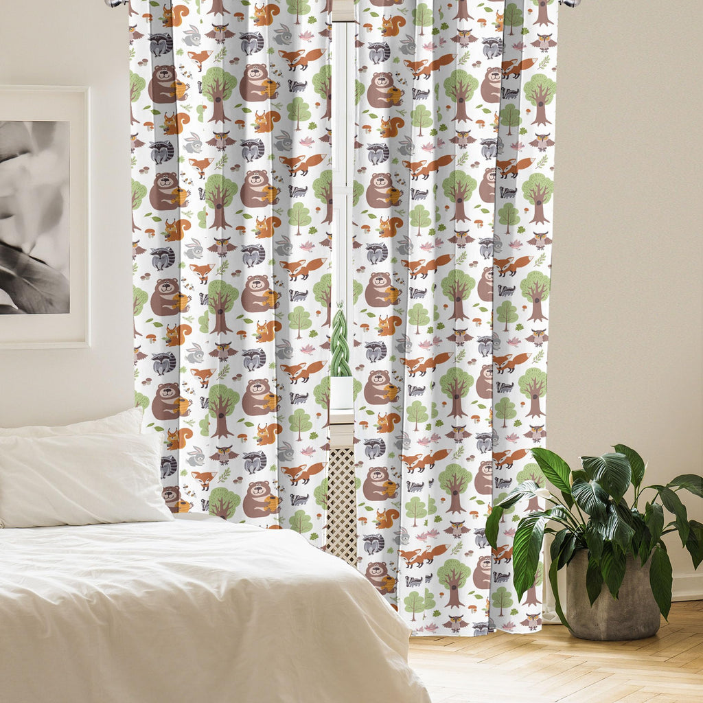 Ambesonne Forest Window Curtains, Doodle Woodland Creatures As Honey Bear Rabbit Fox And Raccoon In Nature Habitat, Lightweight