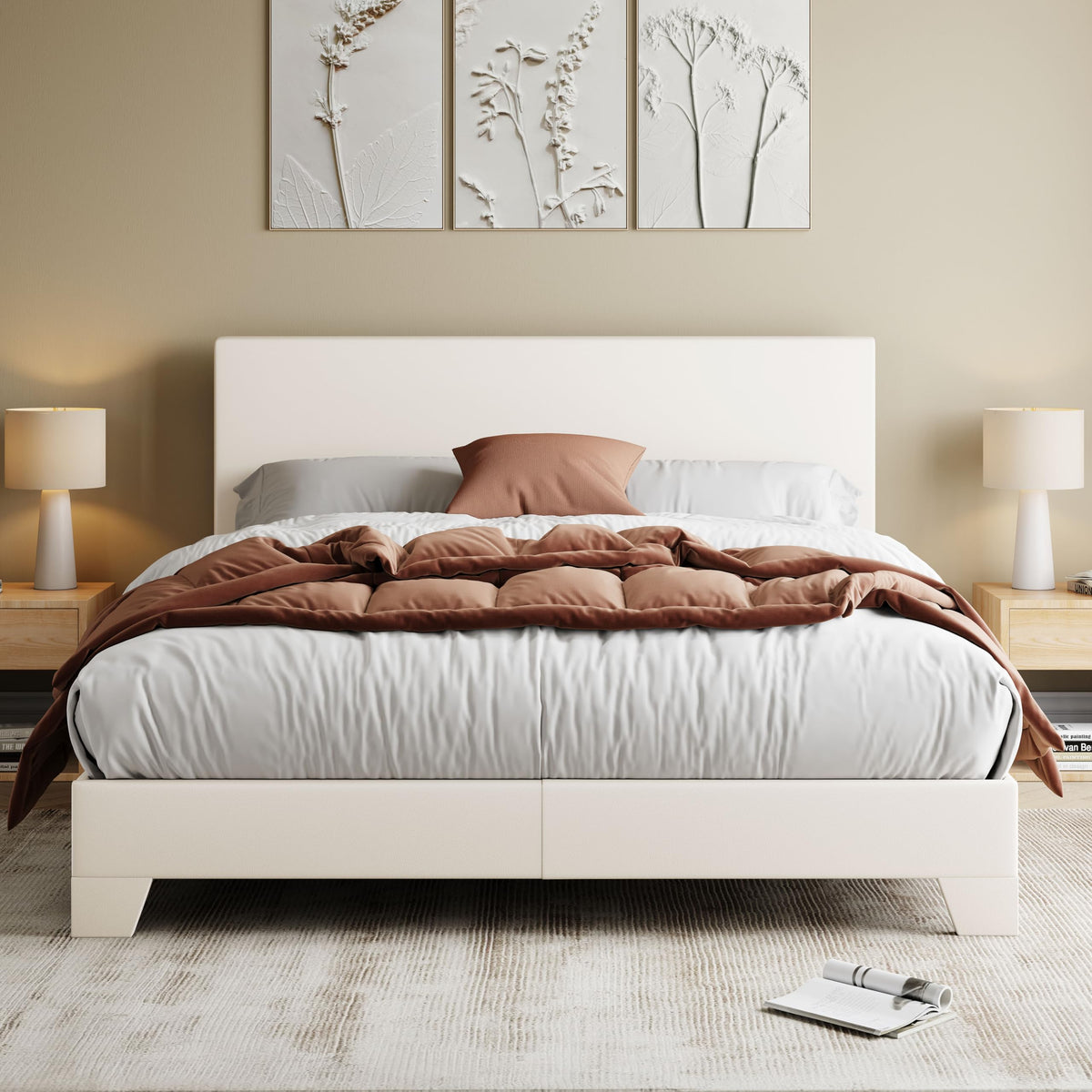 Allewie Full Size Bed Frame With Adjustable Headboard, Faux Leather Platform Bed With Wood Slats, Heavy Duty Mattress Foundation, No Box Spring Needed, Noise-Free, Easy Assembly, White