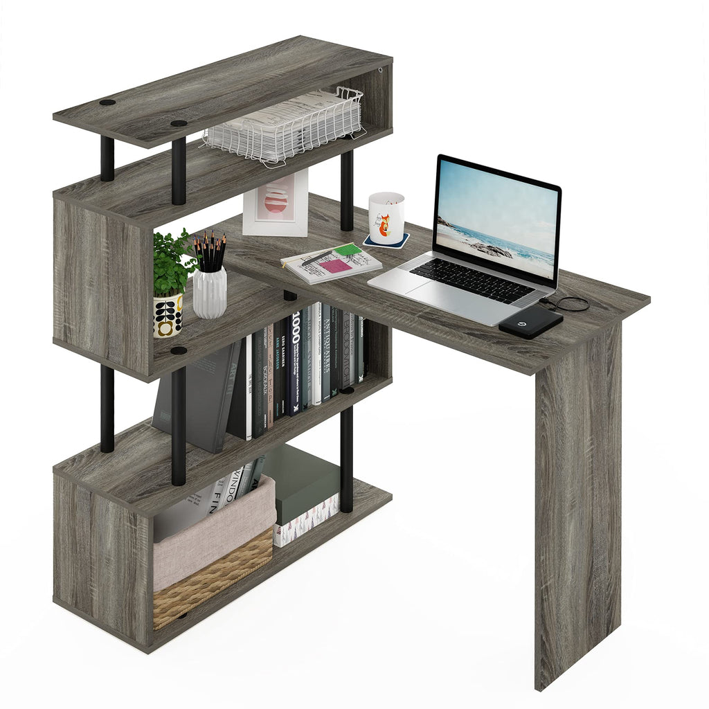 Furinno Moore L-Shape Computer Desk with 5-Tier Shelves, French Oak