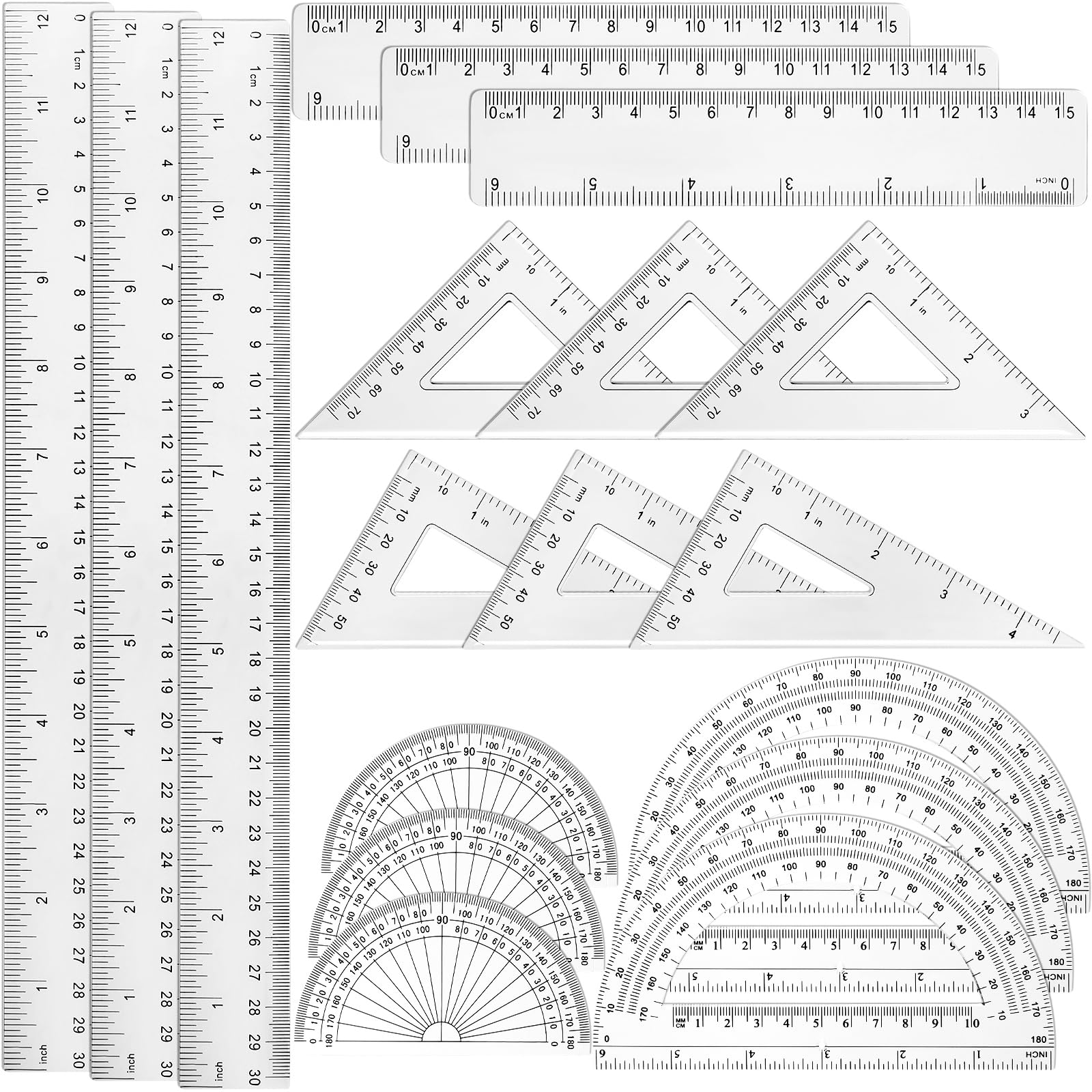 Tenare 18 Pcs Plastic Clear Math Set Includes Protractor Triangle Rulers 12 Inch 6 Inch Straight Geometry Math Transparent Ruler