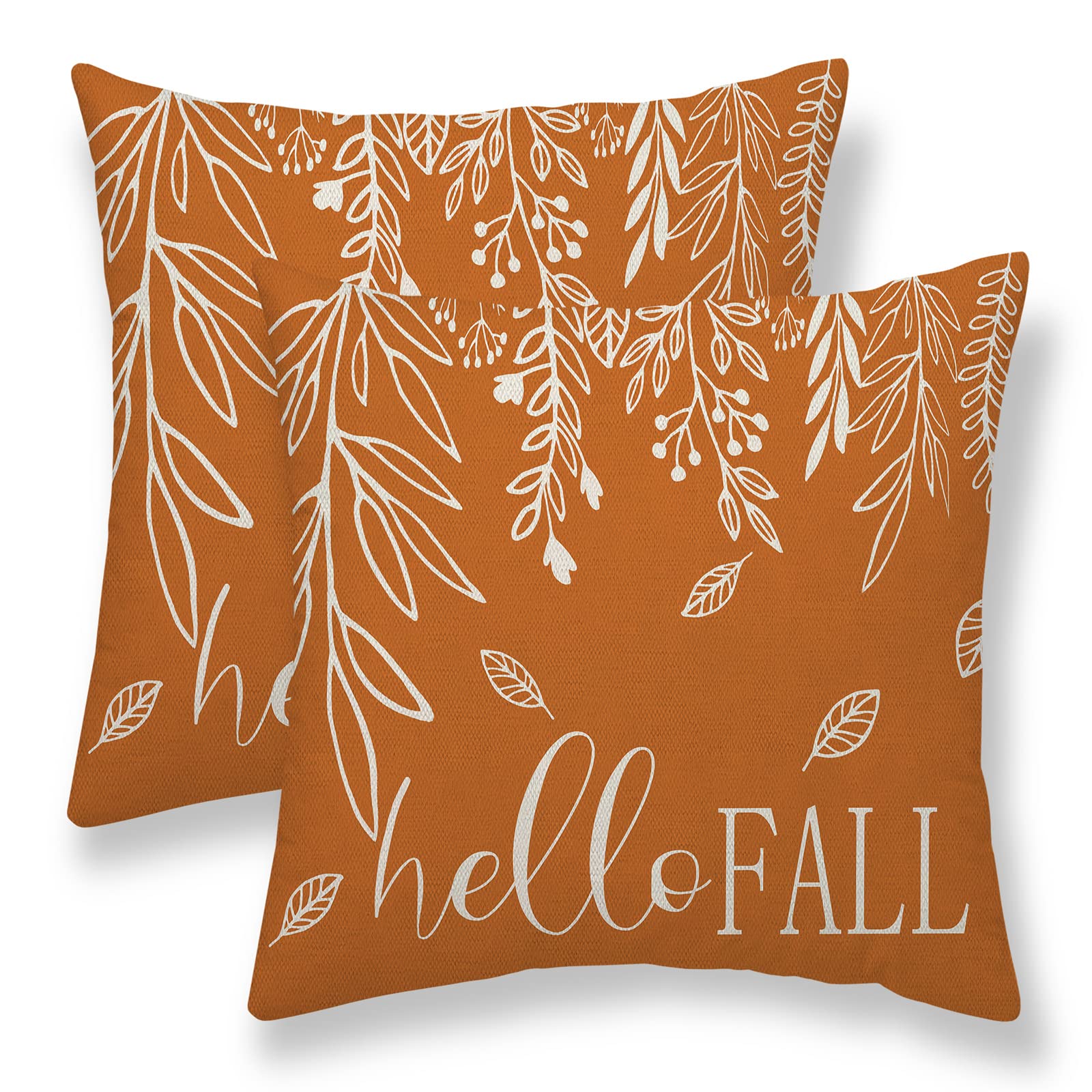 Sunshineyan Fall Pillow Covers 18X18 Set Of 2, Hello Fall Leaves Orange Decorative Outdoor Throw Pillow Covers Autumn Thanksgivi