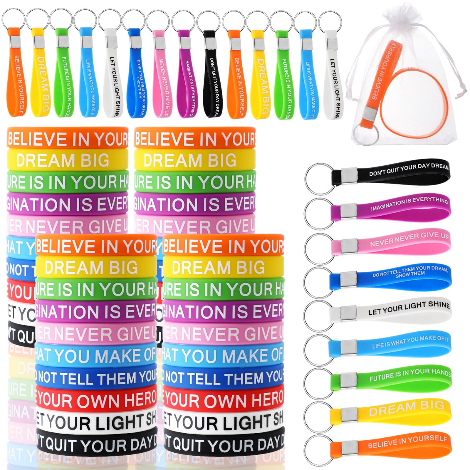 Wavyknot 90 Pcs Motivational Wristband Set For Student 30 Colored Inspirational Quote Silicone Bracelets Stretch Rubber Band 30