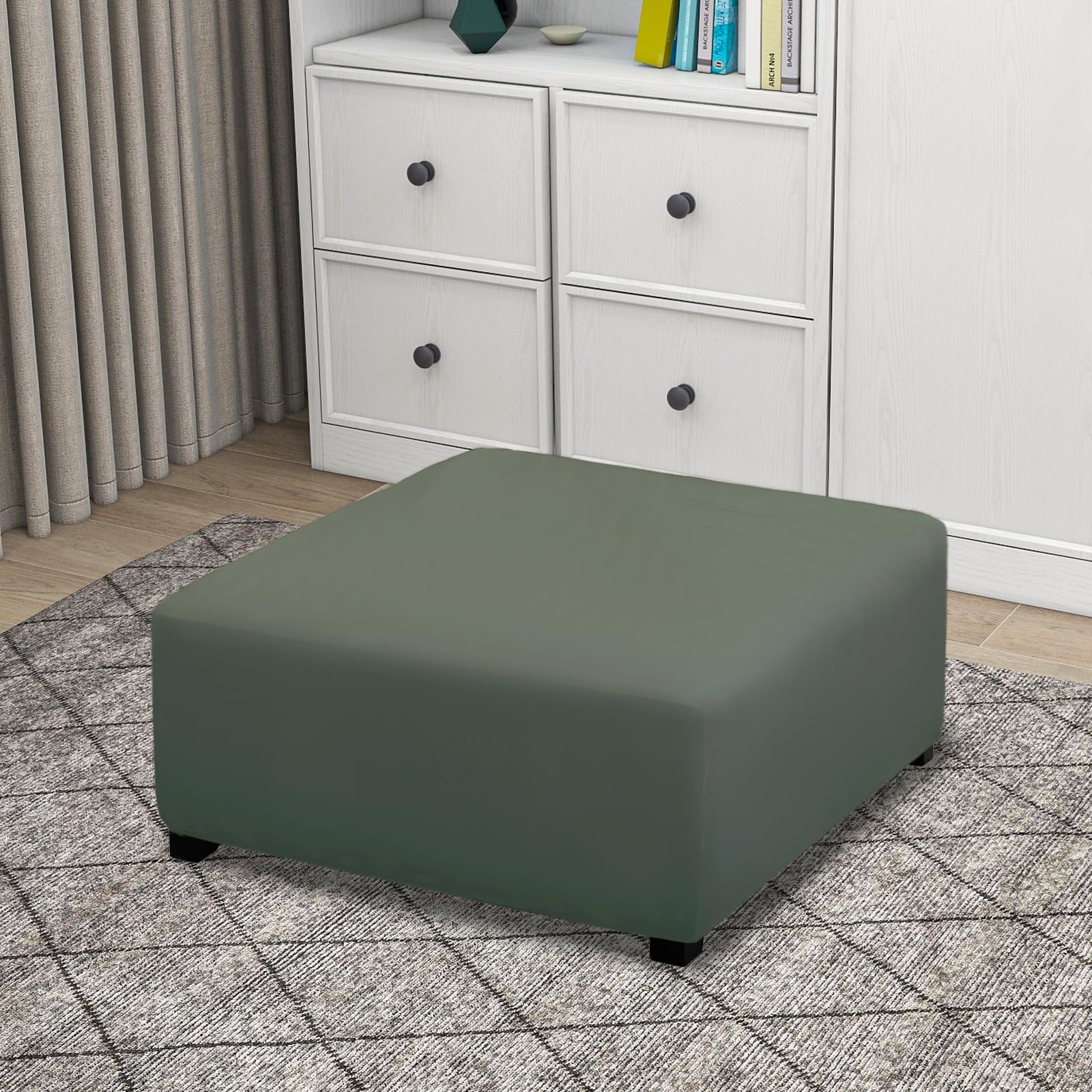 Purefit Super Stretch Form Fit Square Ottoman Cover Rectangle - Ottoman Slipcovers For Foot Stool & Folding Storage Furniture For Living Room With Nonslip Elastic Bottom (Medium-Xl, Grayish Green)
