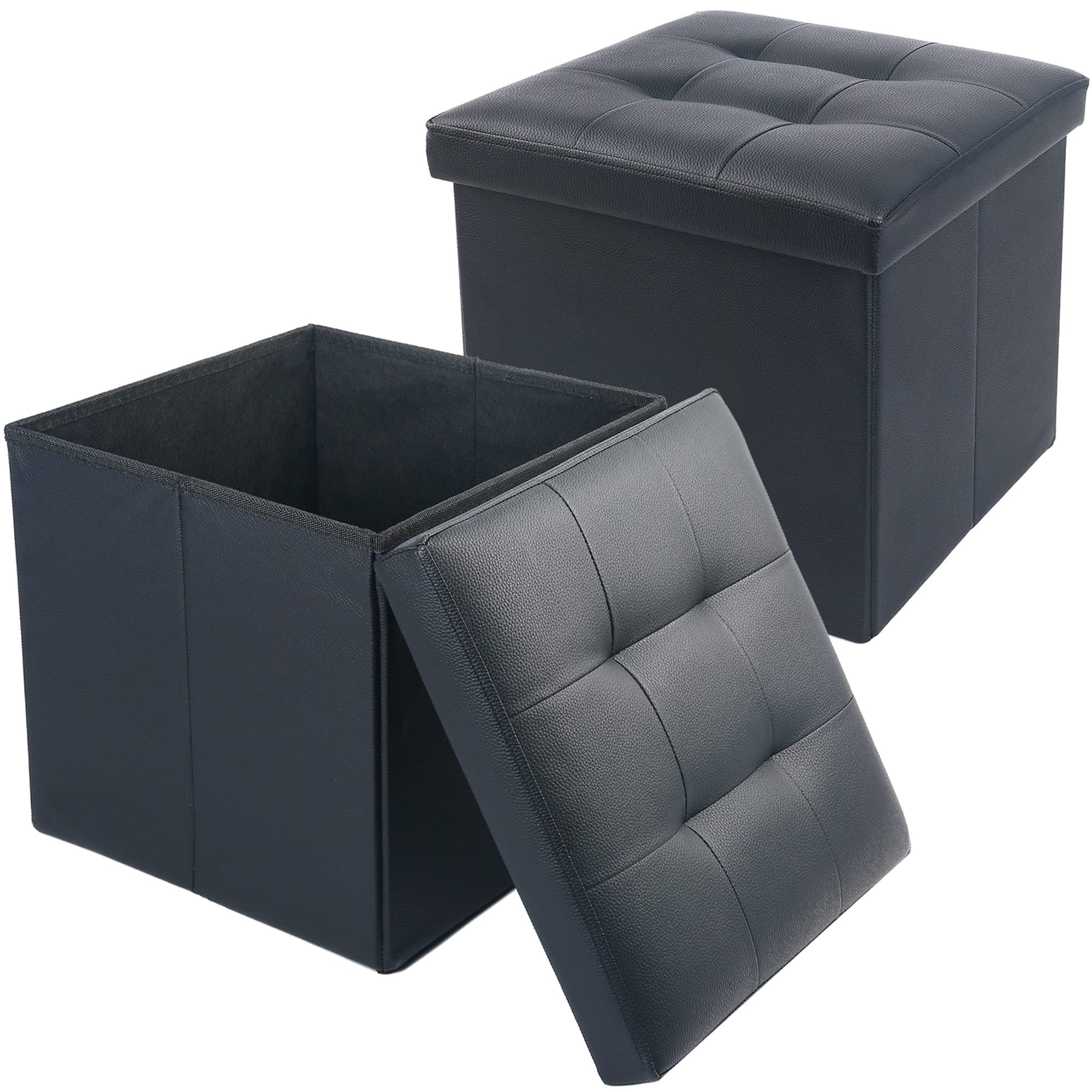 LotFancy Storage Ottoman Cube, 2 Pack, Black Footrest Stool Ottoman with Lid, 13x12x12 H, Faux Leather Seat for Dorm