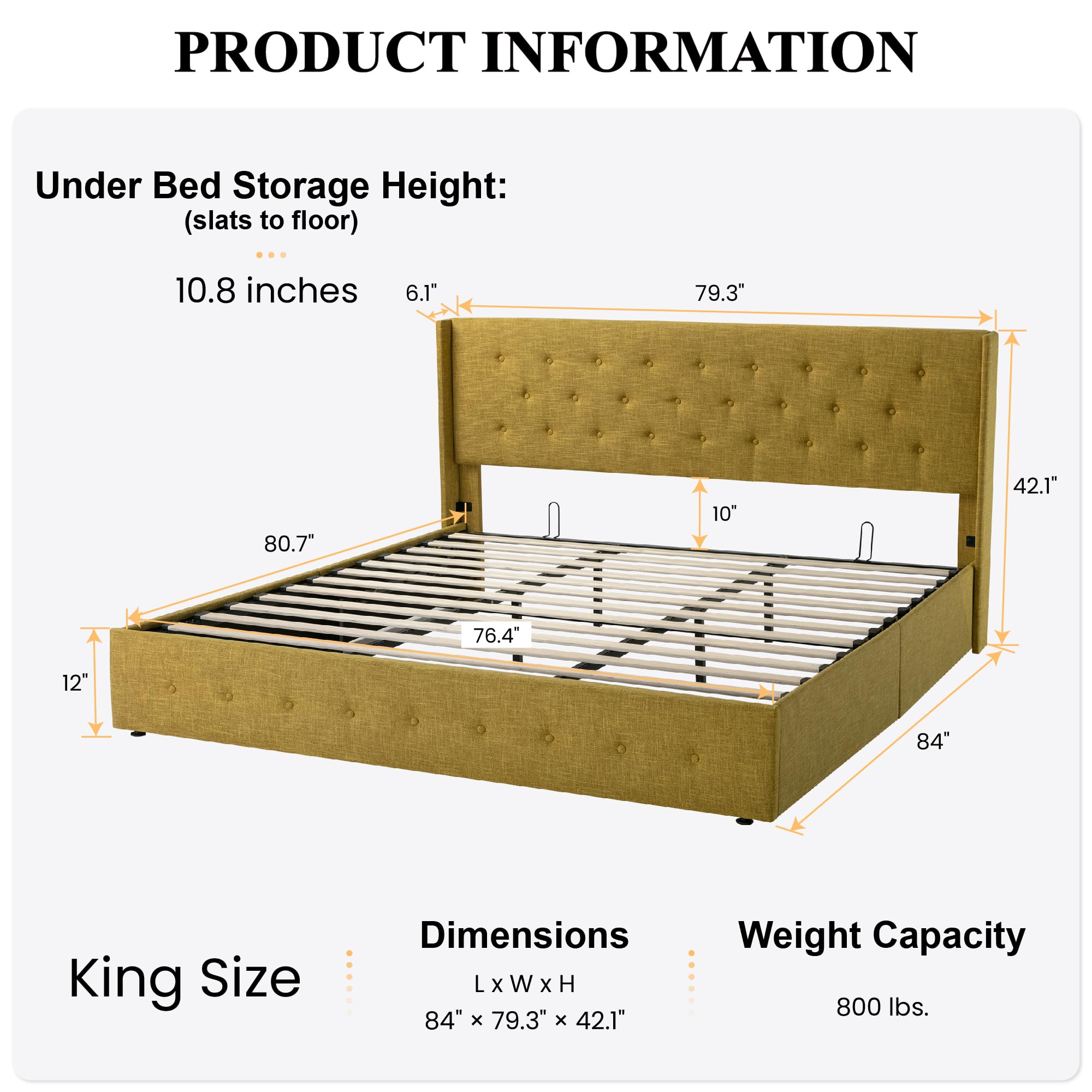 Sha Cerlin King Size Lift Up Storage Bed/Button Tufted Wingback Headboard/Hydraulic Storage/Upholstered Platform Bed Frame/No Box Spring Needed/Wood Slats Support/Olive Yellow