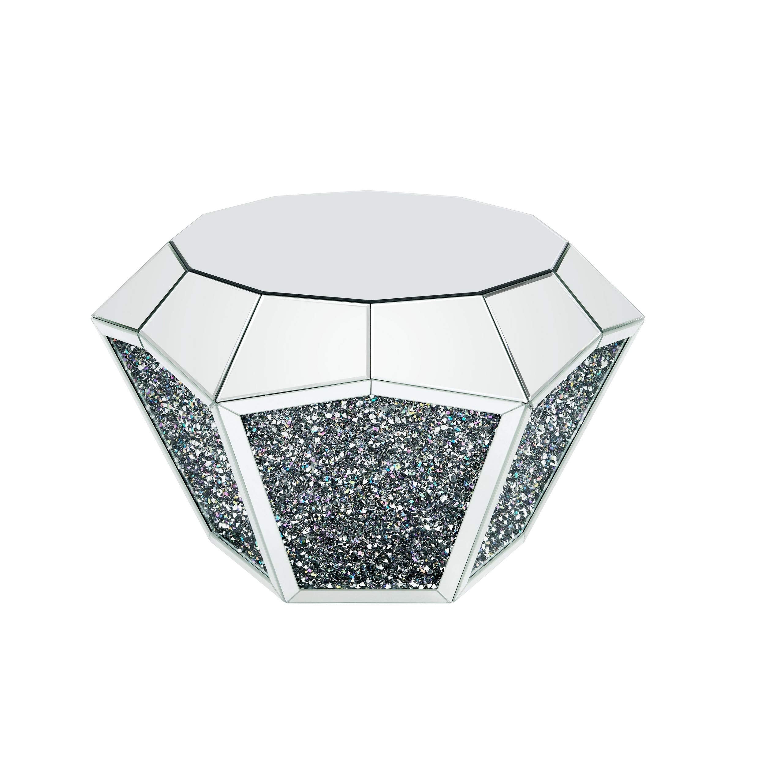 Benjara Mirror Octagonal Shape Coffee Table with Faux Diamond Inlays, Silver