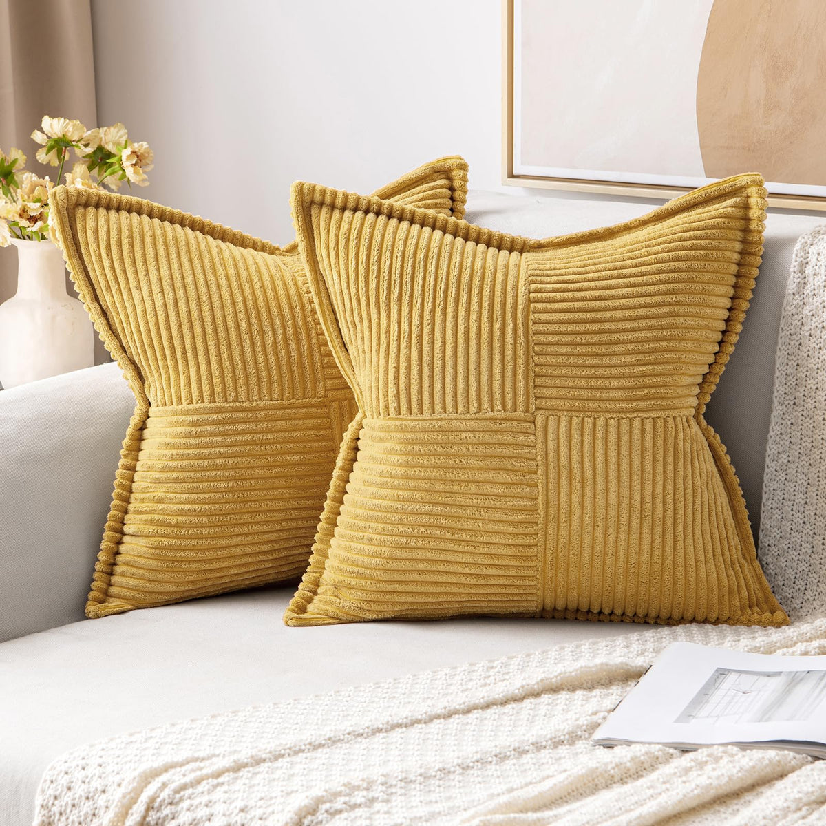 Miulee Gold Pillow Covers 18X18 Inch With Splicing Set Of 2 Super Soft Boho Striped Corduroy Pillow Covers Broadside Decorative
