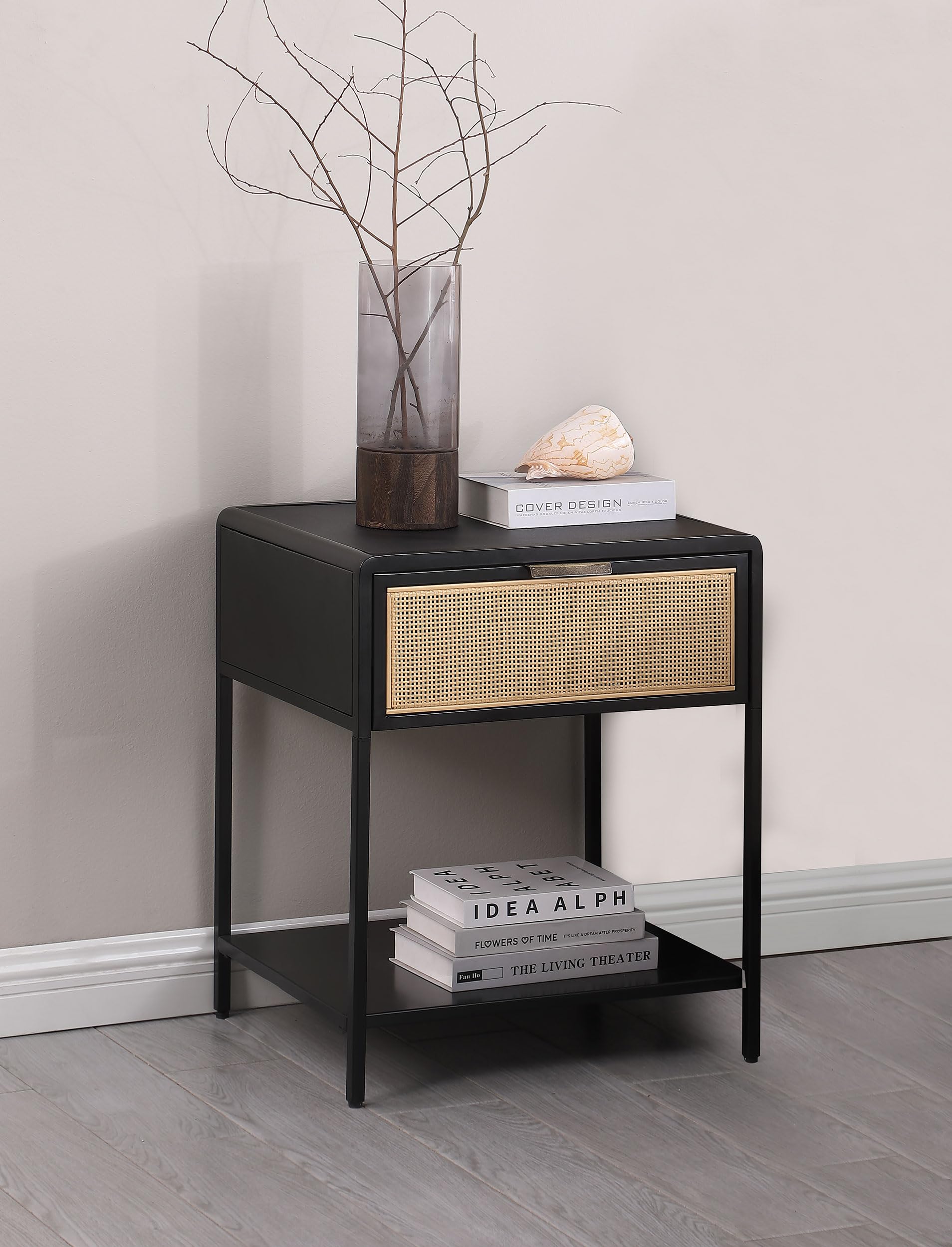 Coaster Home Furnishings Amherst 1-Drawer Radio Weave Cane Metal Bedside Table Black