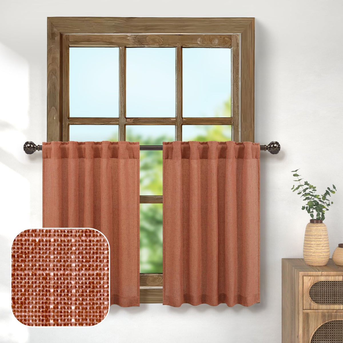 Pitalk Terracotta Cafe Curtains 24 Inch Length Fall Kitchen Window Curtain Back Tab Pocket Tier Semi Sheer Short Linen Curtain F
