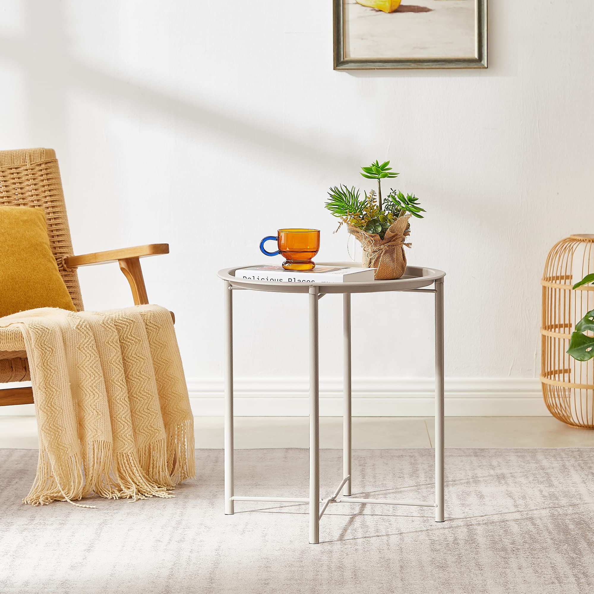 Vecelo Side/End Table, Folding Round Metal Anti-Rust And Waterproof Outdoor Or Indoor Tray For Living Room Bedroom Balcony And Office, 1 Pcs, Grey