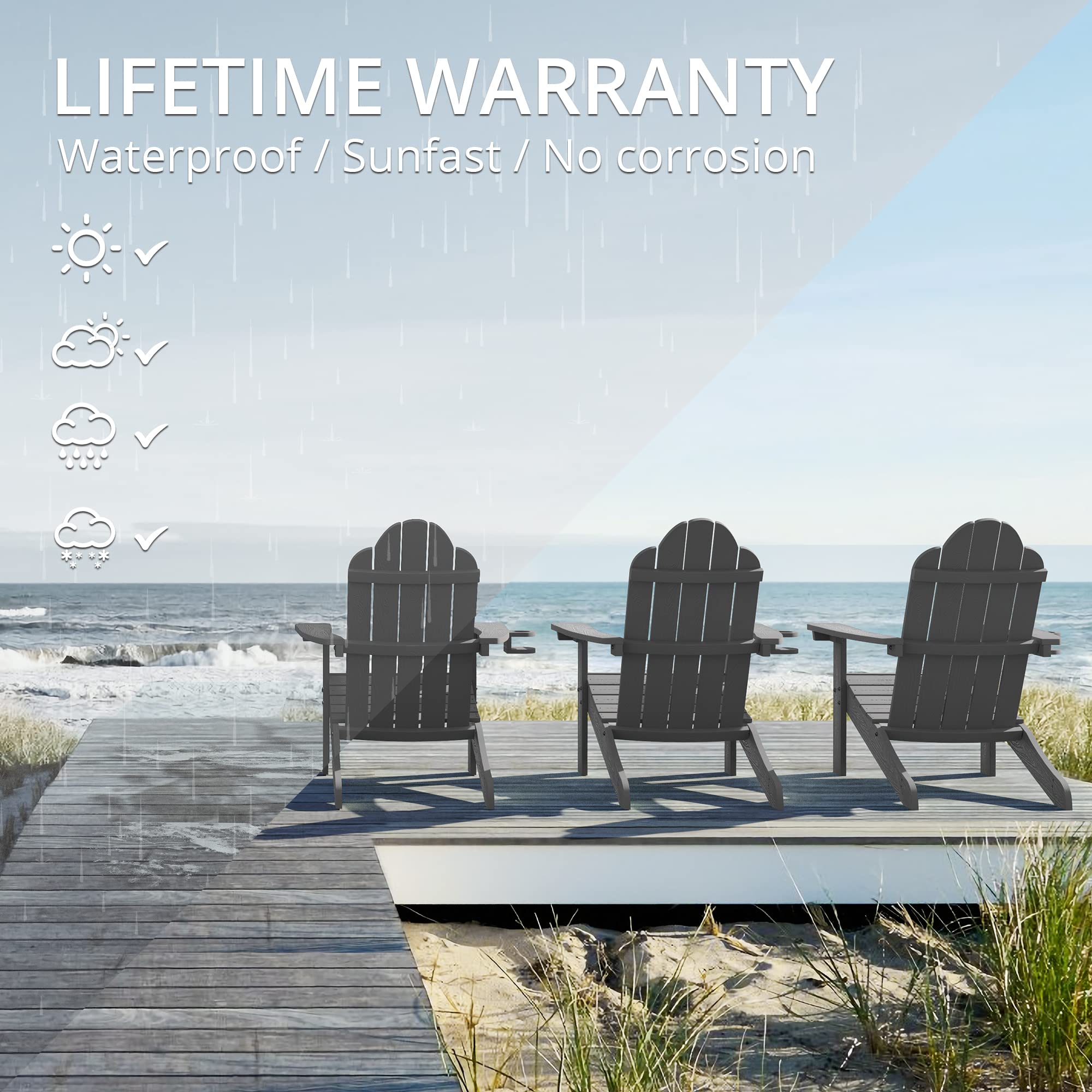 Lue Bona Poly Lumber Adirondack Chairs Set Of 8, Dark Gray Adirondack Chairs With Cup Holder, 350Lbs Modern Adirondack Chair Weather Resistant, Plastic Patio Adirondack Chair For Fire Pit, Backyard