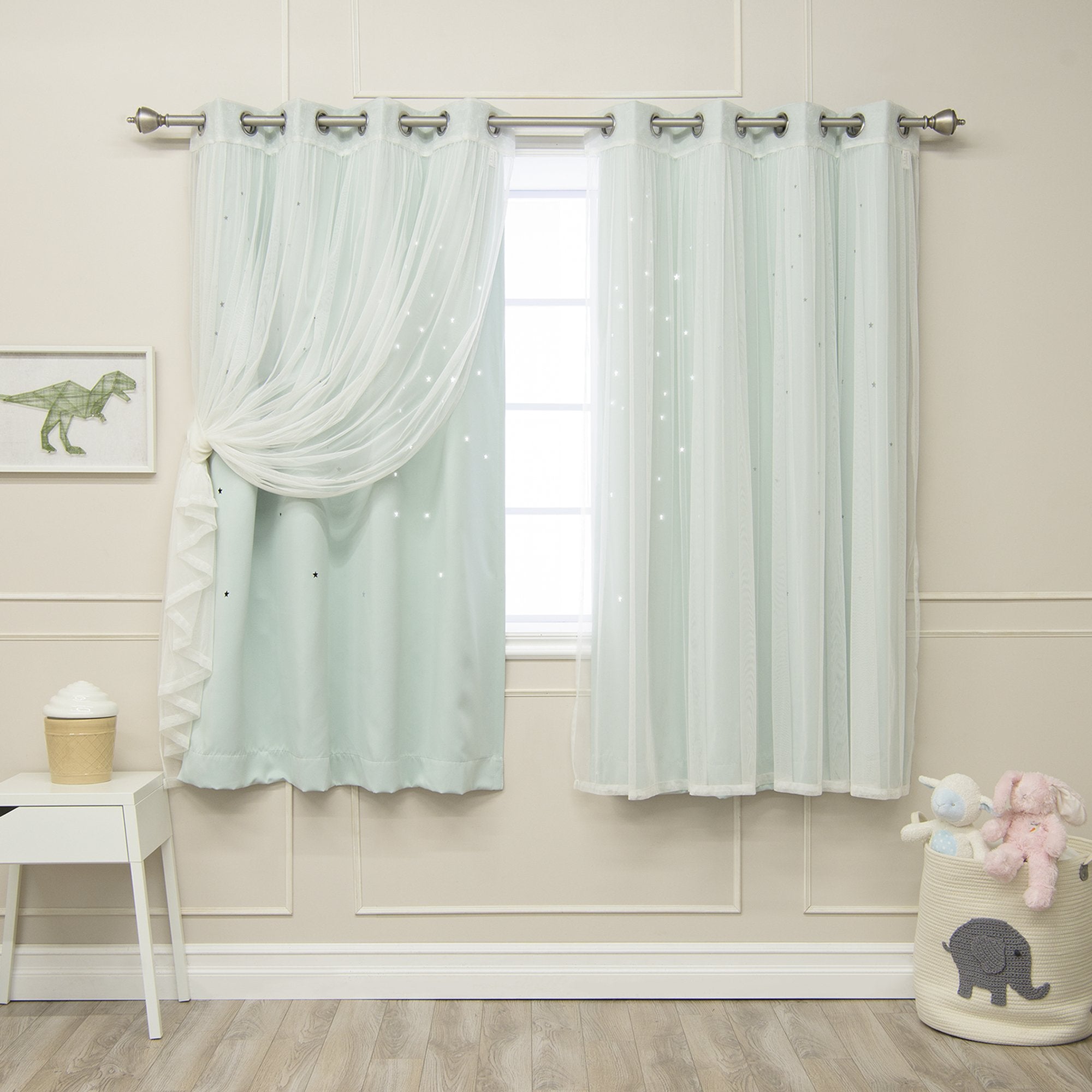 Best Home Fashion Umixm Tulle & Star Cut Out Blackout Curtains - Mint - 52' W X 63' L - (2 Curtains And 2 Sheer Curtains)