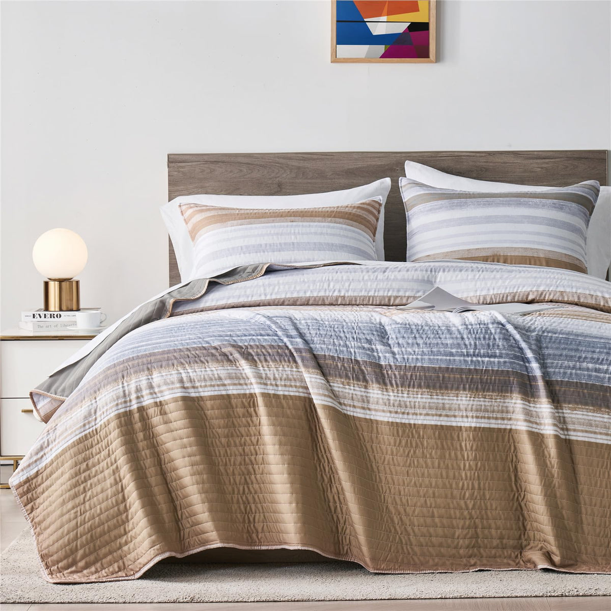 Kakijumn Full/Queen Quilt Bedding Set, White Grey And Khaki Patchwork Striped Quilt Set, 2 Pieces Soft Lightweight Bedspread Cov