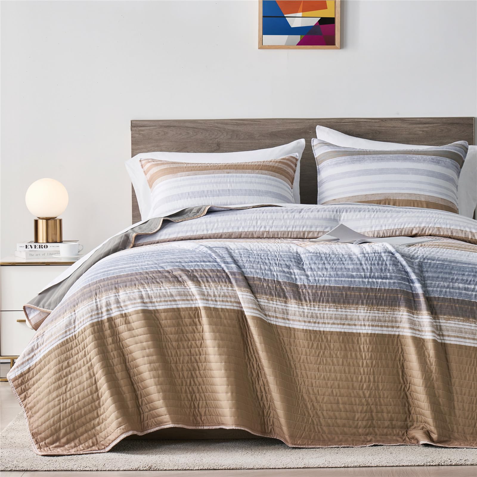 Kakijumn Full/Queen Quilt Bedding Set, White Grey And Khaki Patchwork Striped Quilt Set, 2 Pieces Soft Lightweight Bedspread Cov