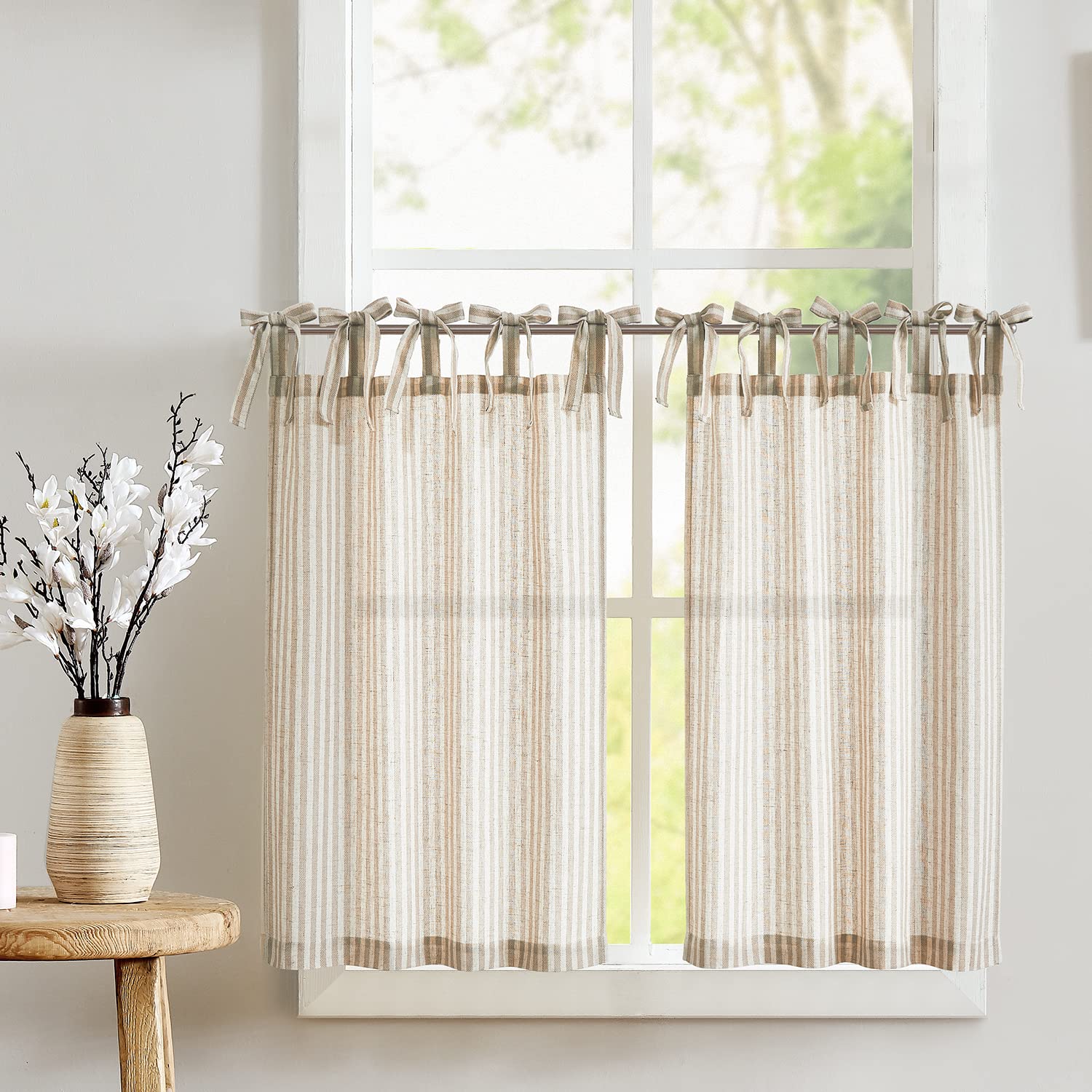 jinchan Kitchen Curtains 36 Inch Length Striped Tie Top Linen Tier Curtains Short Curtains for Living Room Bedroom Bathroom Farm