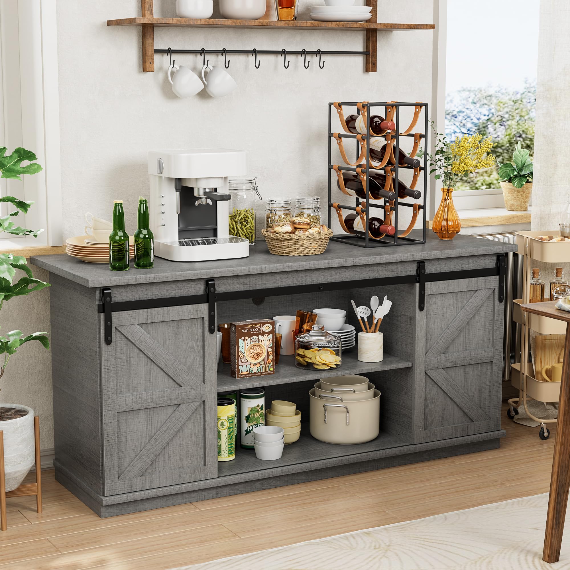 Shahoo Farmhouse Sideboard Buffet Cabinet, Coffee Bar Storage With Sliding Barn Doors, Shelf For Home Dining Room, 27.5 Height, Grey