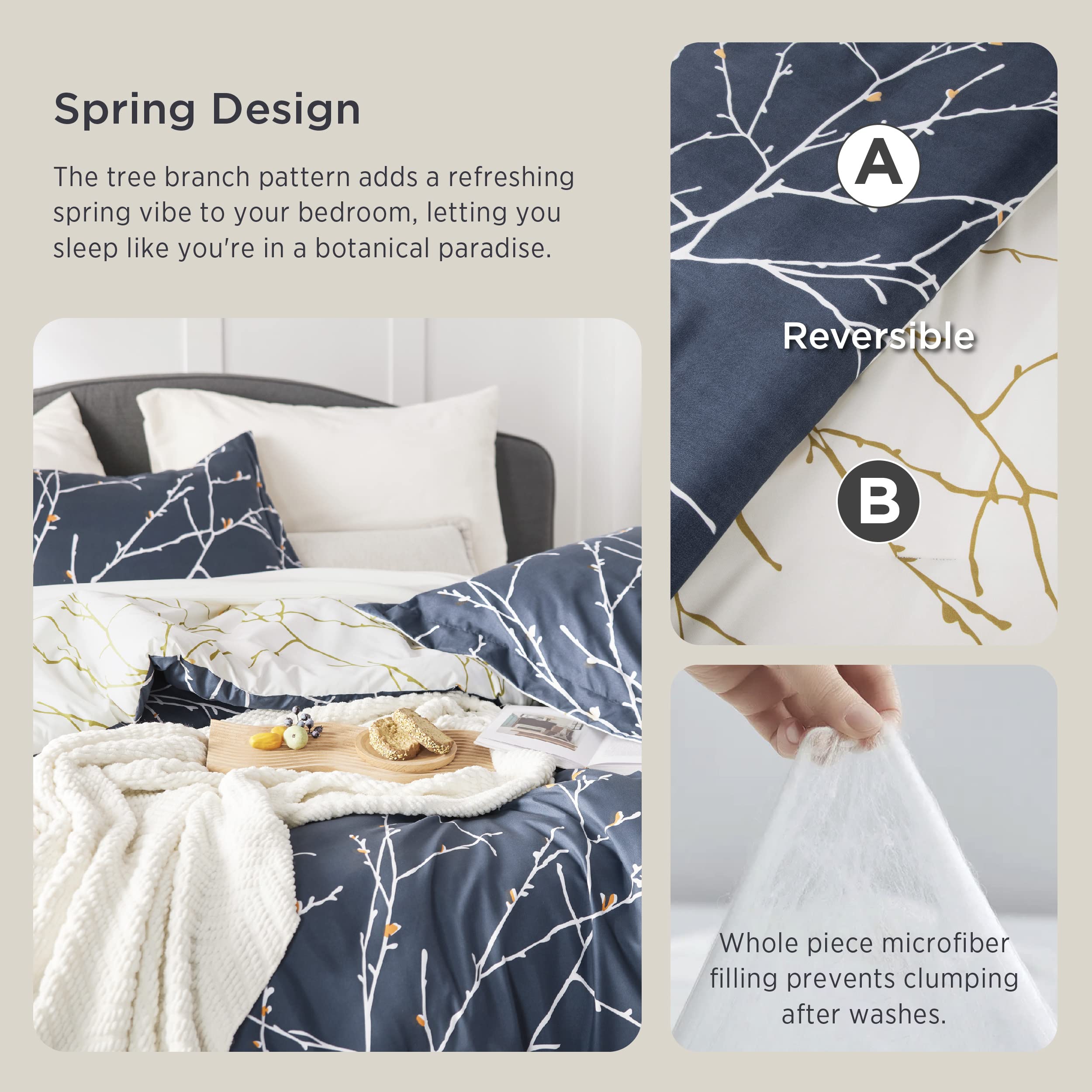 Bedsure Full Comforter Sets - 7 Pieces Floral Navy Blue Bed Set, Tree Branch Pattern Printed Bed In A Bag Full With Comforter, Sheets, Pillowcases & Shams