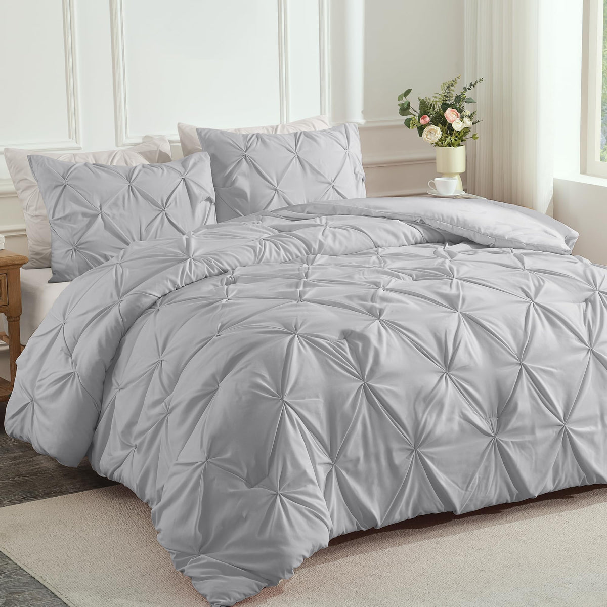 Andency California King Comforter Set Silver Gray (104X96Inch), Western Modern Pinch Pleat Bedding Set 3 Pieces, Oversized Pintuck All Season Soft Down Alternative Bed Set For Men Adults