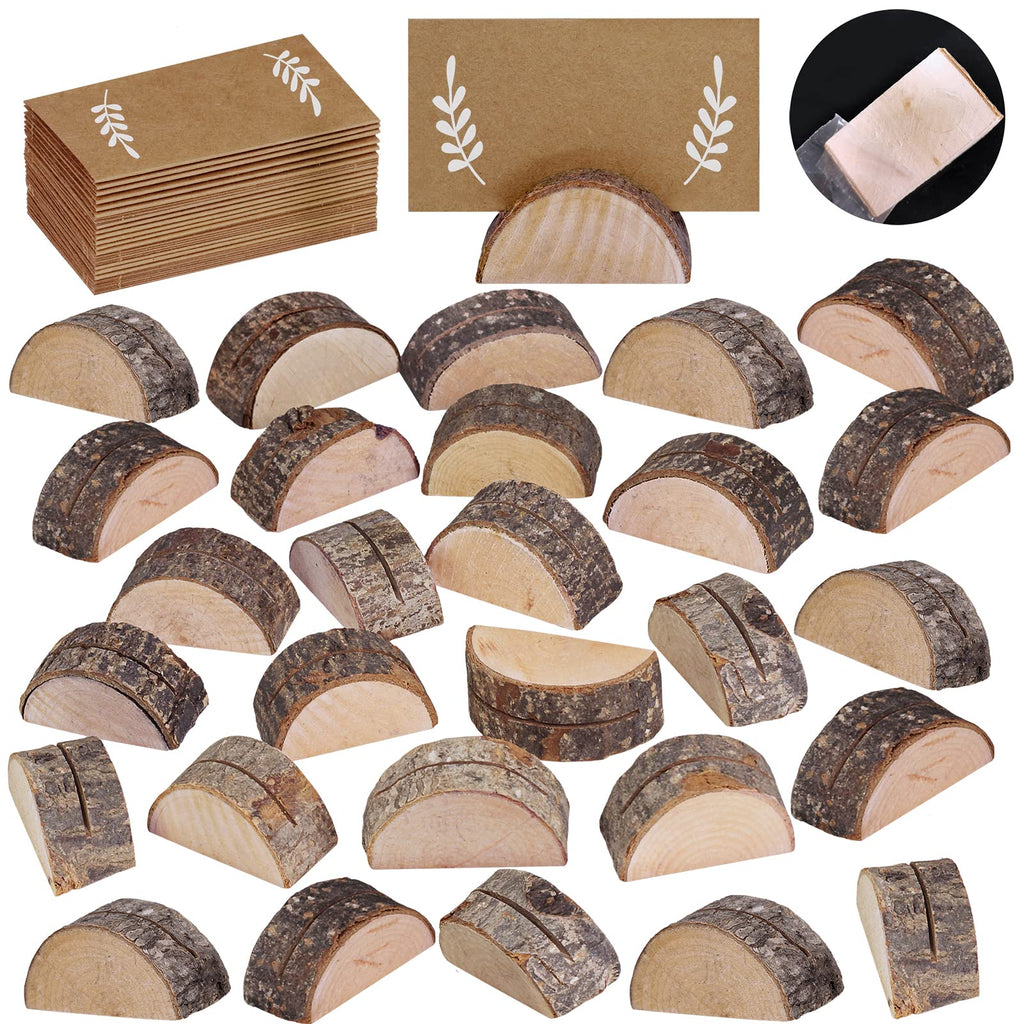 30 Pcs Rustic Wood Wedding Place Card Holders With 32 Pcs Kraft Tented Cards Half-Round Table Numbers Holder Stand Wooden Memo H