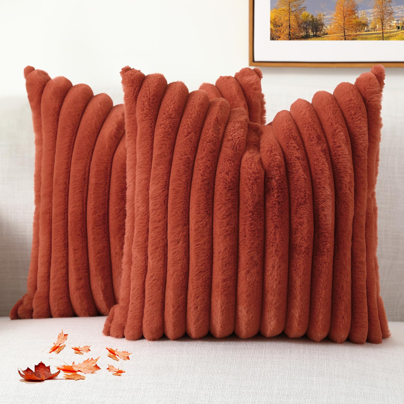Decoruhome Faux Fur Throw Pillow Covers 18X18 Set Of 2, Decorative Soft Plush Striped Couch Pillow Covers With Velvet Back For Sofa, Bed, Living Room, Rust