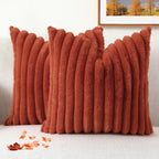 Decoruhome Faux Fur Throw Pillow Covers 20X20 Set Of 2, Decorative Soft Plush Striped Couch Pillow Covers With Velvet Back For Sofa, Bed, Living Room, Rust