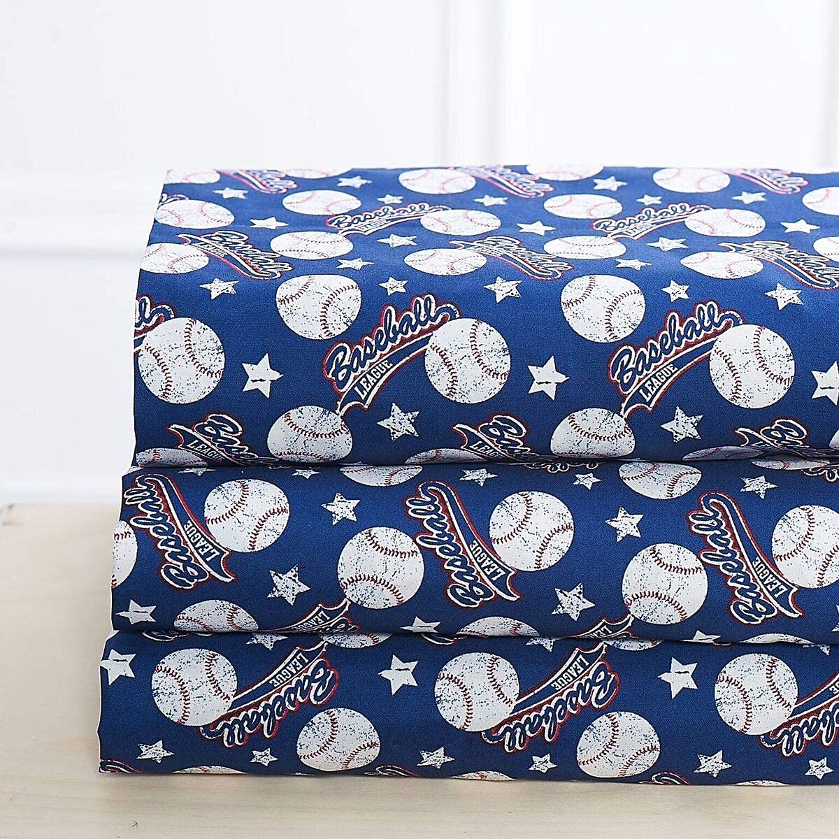 Elegant Homes Blue White Red Baseball League Sports Design 4 Piece Printed Sheet Set With Pillowcases Flat Fitted Sheet For Boys