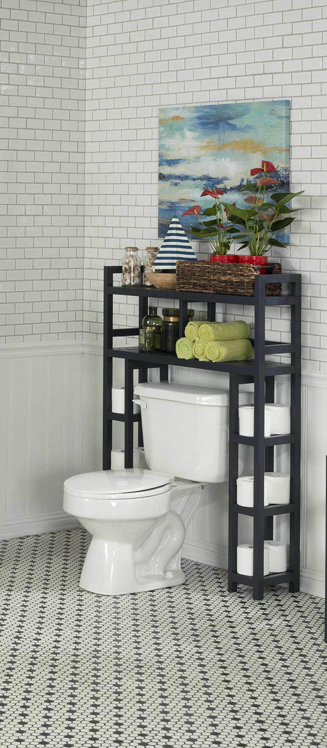 HomeRoots Graphite Hardwood 48' Bathroom Organizer with Side Storage with 2 Shelves in Grpahite