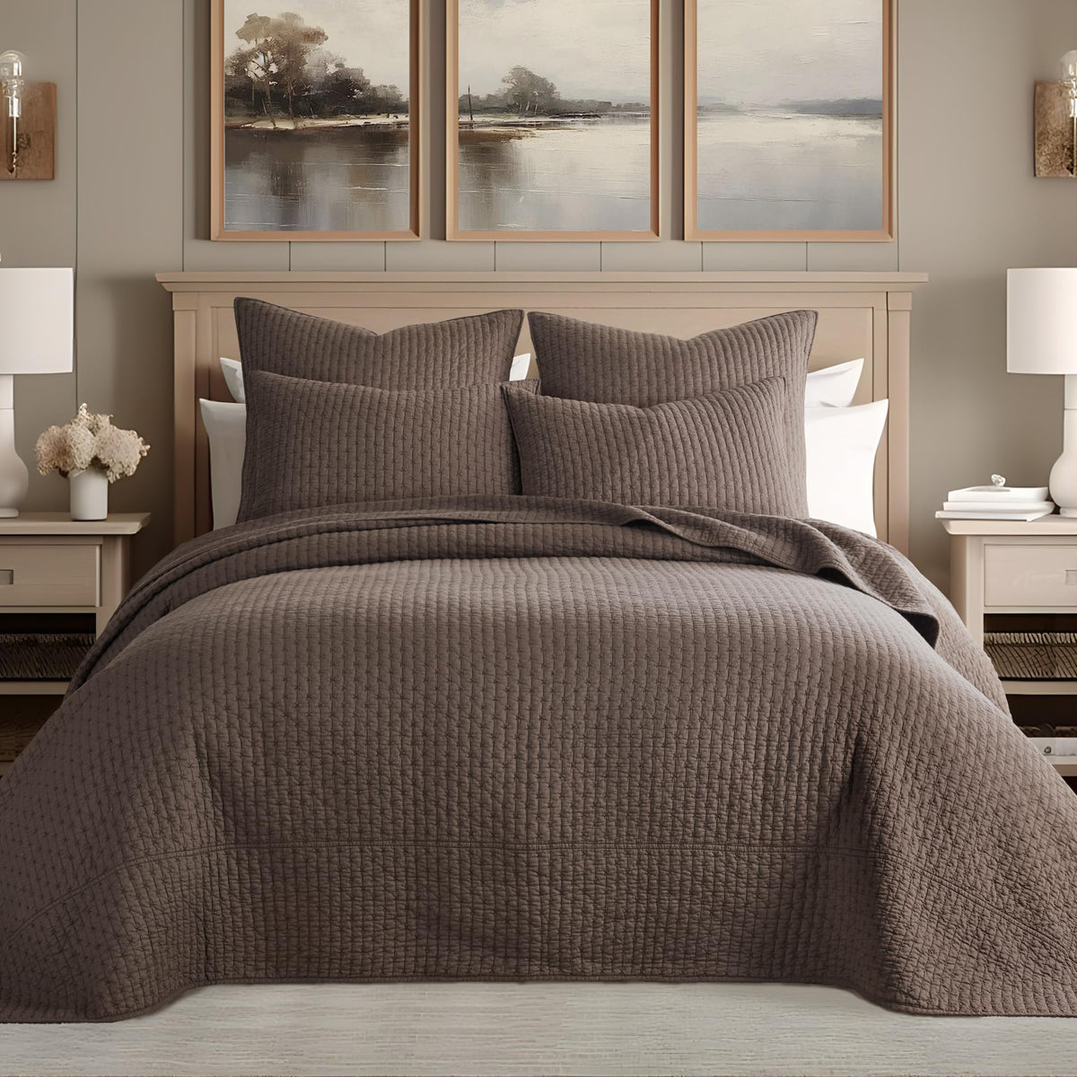 Levtex Home - Cross Stitch Cocoa Bedspread Set - King Quilted Bedspread And Two King Shams - Cross Stitch Pattern - Bedspread (1
