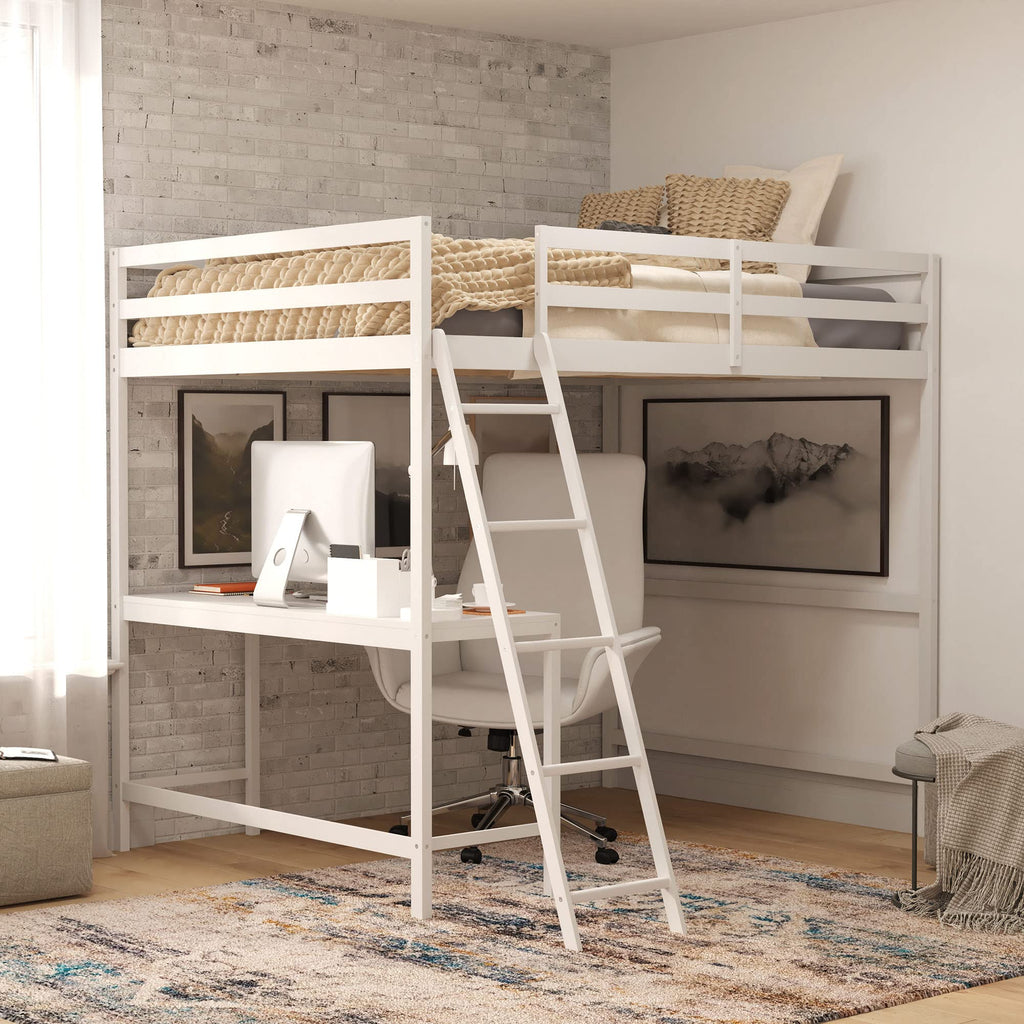 Flash Furniture Riley Loft Bed Frame With Desk - White Wood Slats - Full Size - Protective Guard Rails & Ladder - Kids And Teens - Space Saving Design