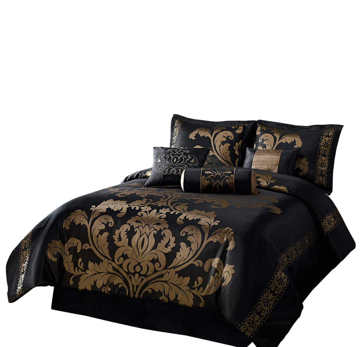 Chezmoi Collection Royale 7-Piece Jacquard Floral Comforter Set, Queen, Blackgold