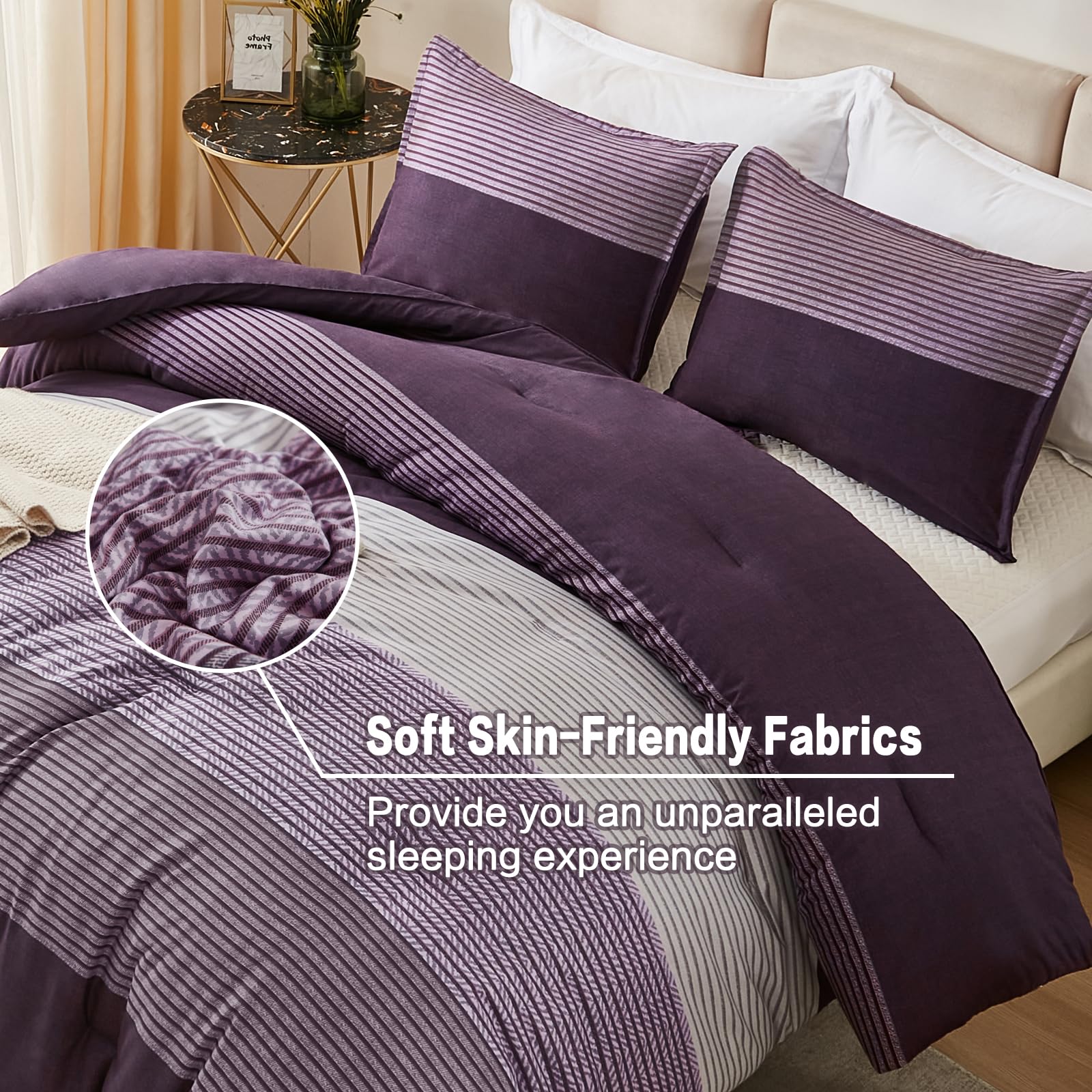 Litanika California King Comforter Set Purple - 3 Pieces Cal King Oversized Lightweight Purple White Colorblock Stripe Bedding S