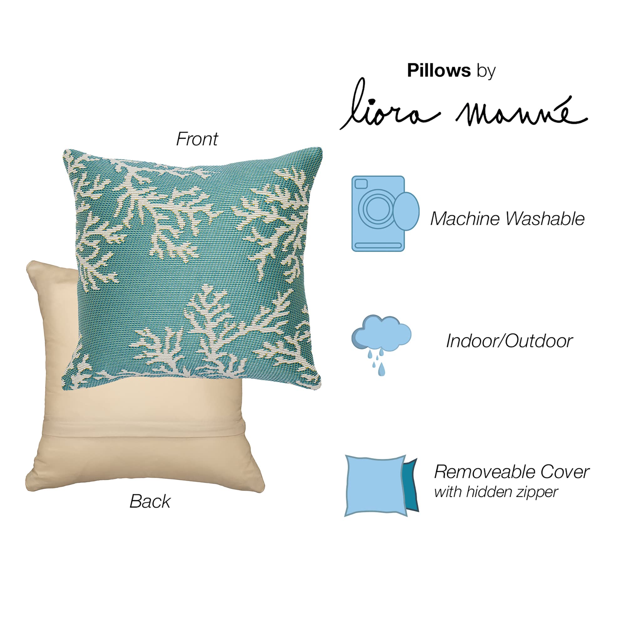 Liora Manne Marina Indoor/Outdoor Power Loomed Easy Care Pillows, 18 X 18-Inch, Coral Edge Aqua