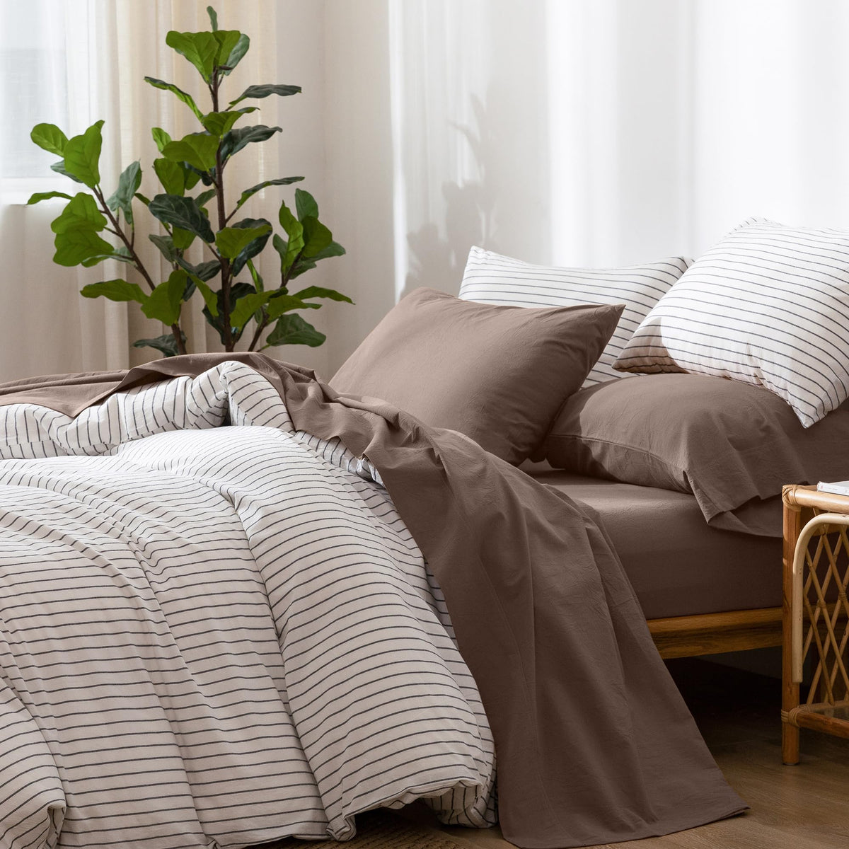 Moomee Bedding Sheet Set 100% Washed Cotton Linen Like Textured Breathable Durable Soft Comfy (Brown, California King)