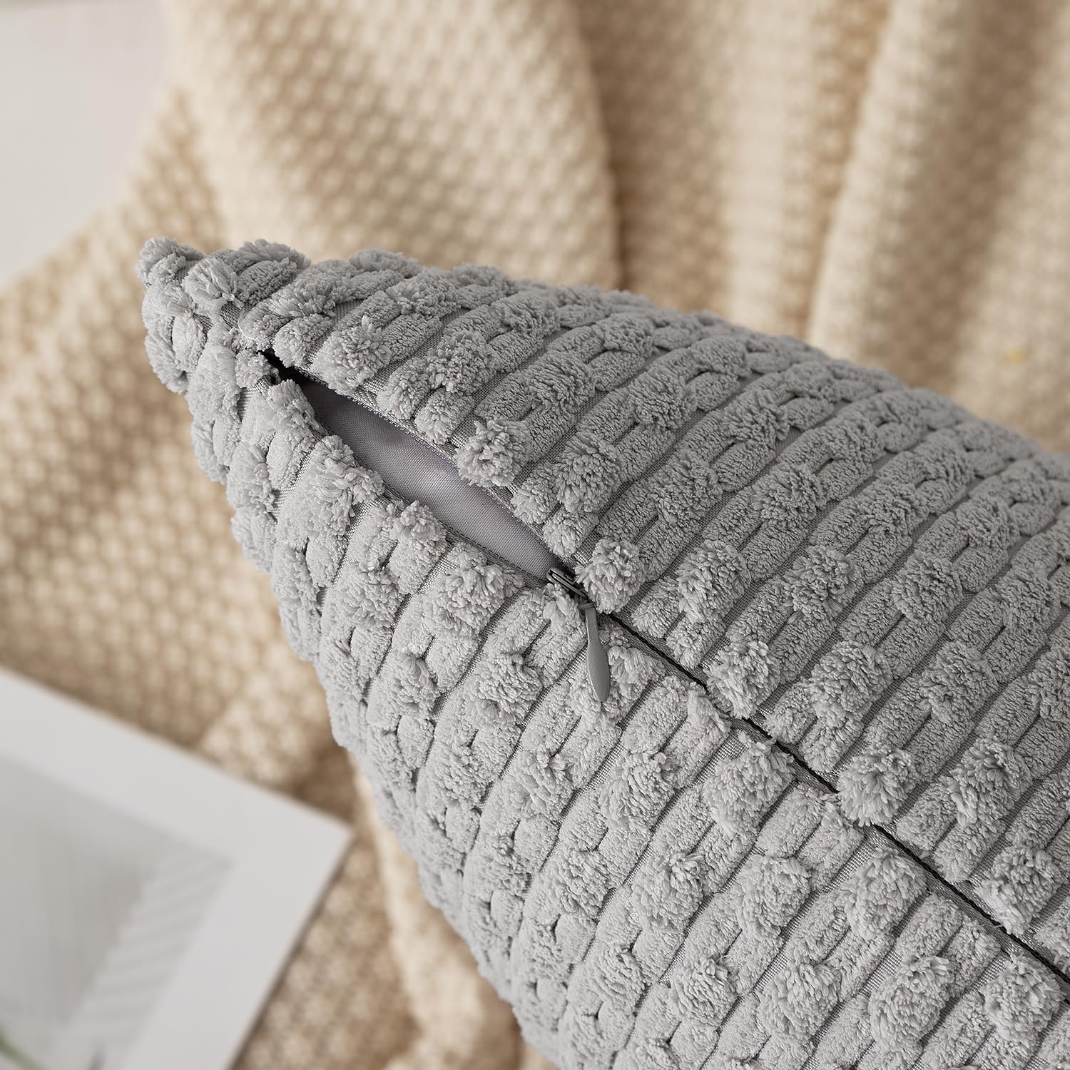 Kevin Textile 2 Packs Light Grey Decorative Throw Pillow Covers 26X26 Inch For Living Room Couch Bed Sofa Rustic Farmhouse Boho Home Decor Soft Striped Corduroy Square Cushion Case 66X66 Cm