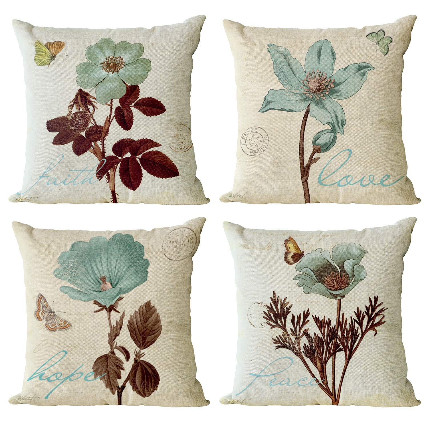YeeJu Set of 4 Floral Decorative Throw Pillow Covers Plant Pillow Covers Cotton Linen Lotus Leaf Square Pillowcase Flower Outdoo