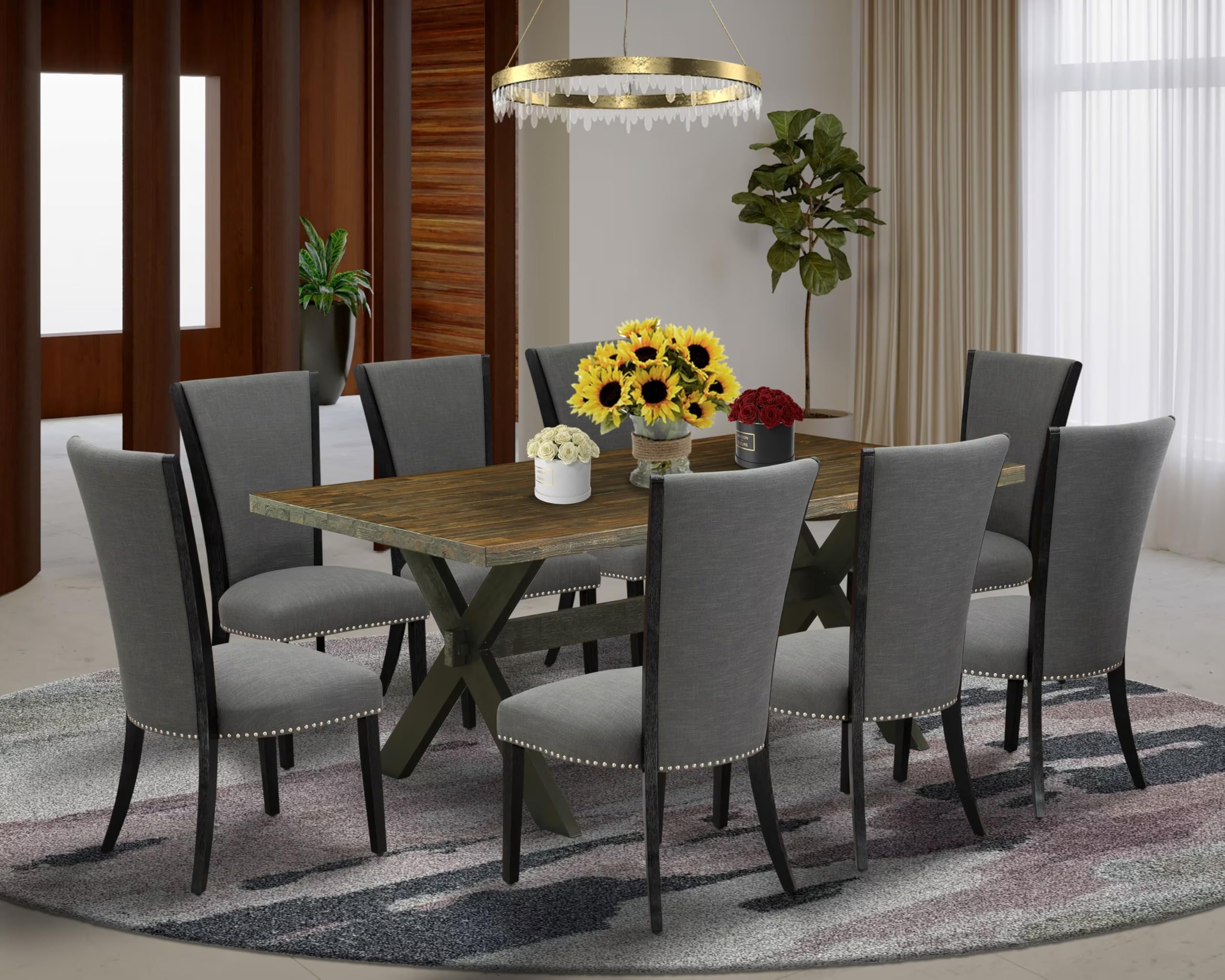 East West Furniture X677Ve650-9 9 Piece Dining Table Set Includes A Rectangle Dining Room Table With X-Legs And 8 Dark Gotham Linen Fabric Parsons Chairs, 40X72 Inch, Multi-Color