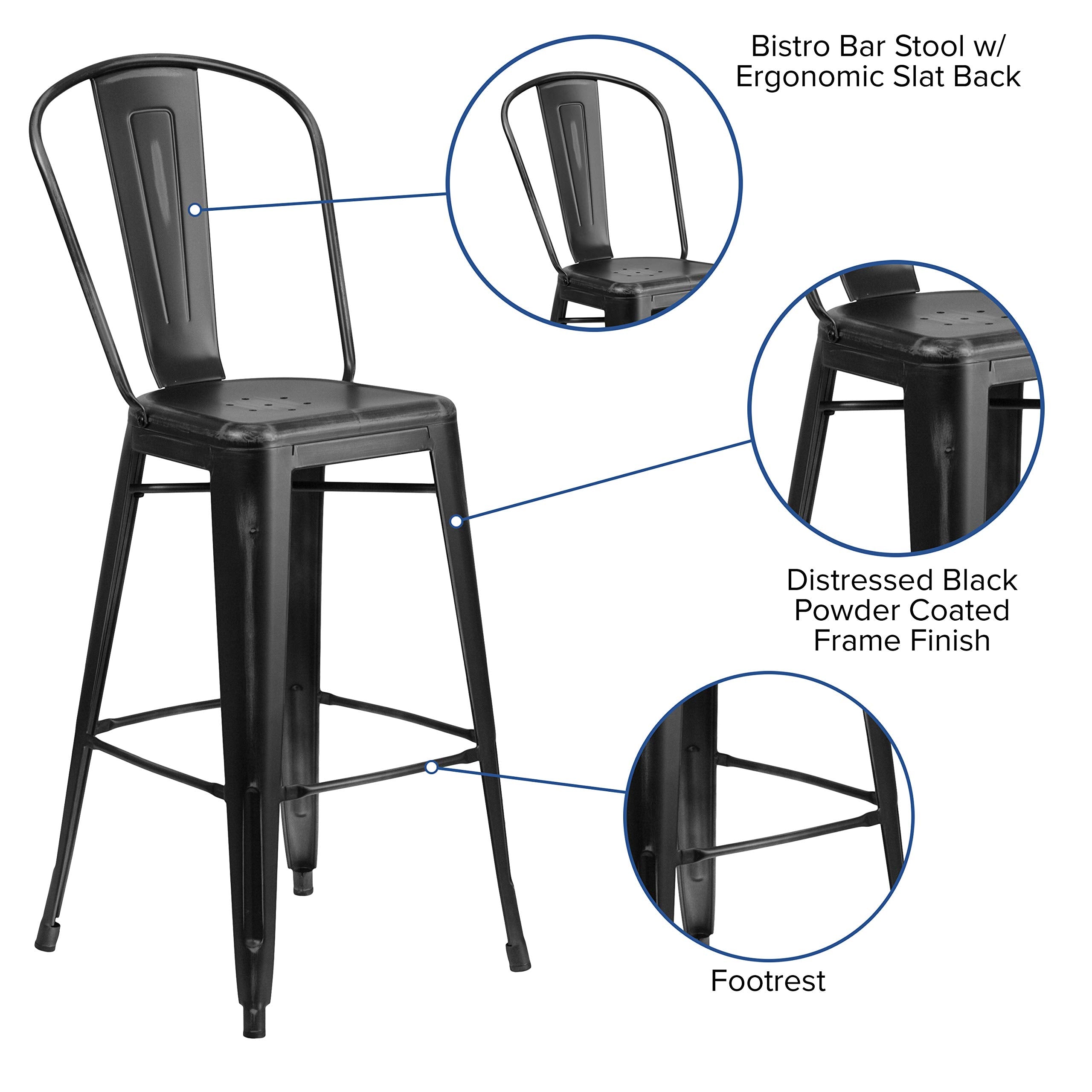 Flash Furniture Commercial Grade 30&quot; High Distressed Black Metal Indoor-Outdoor Barstool With Back