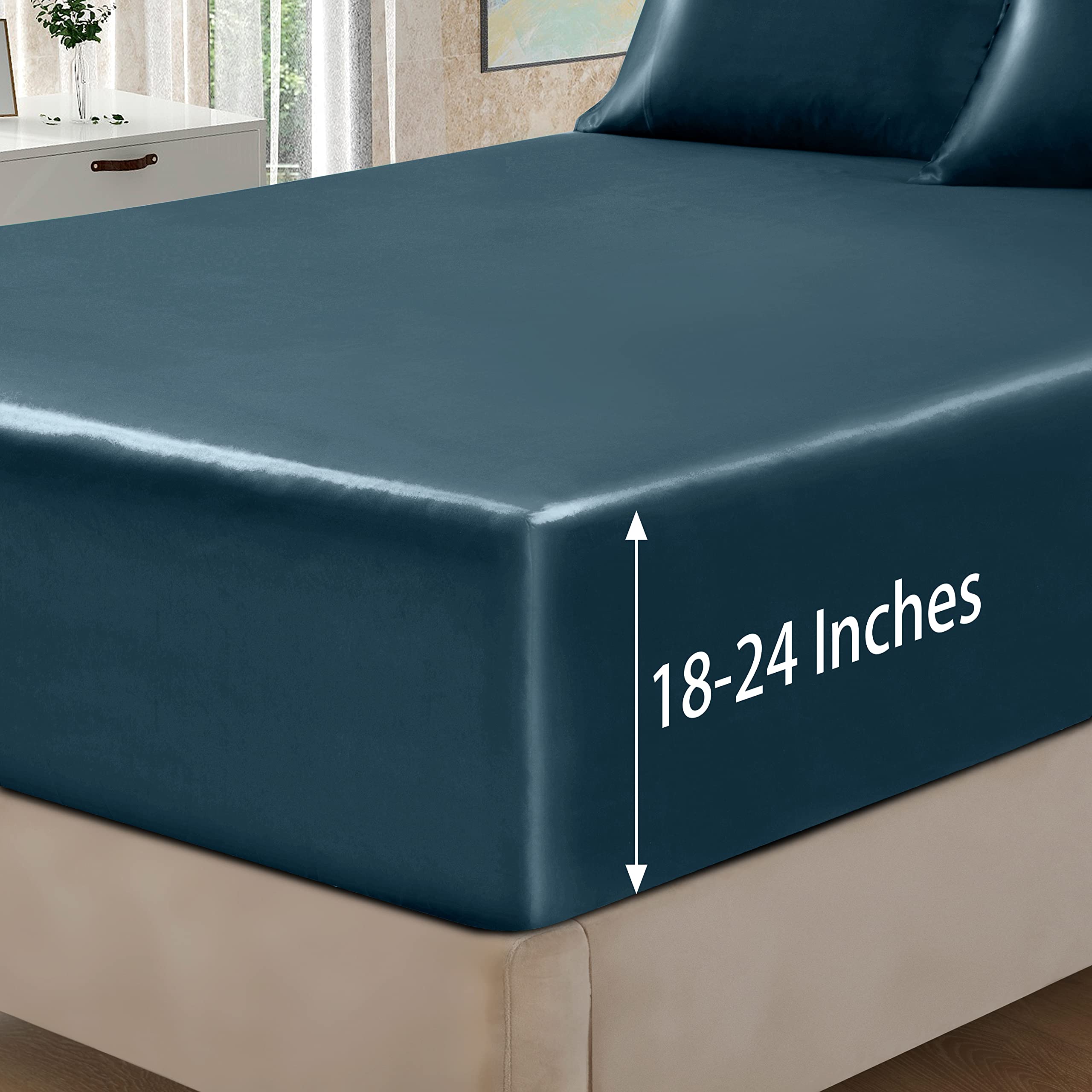 Homiest 4Pcs Extra Deep Pocket Satin Sheets Queen Size Bed Set, 18-24 Inch Deep Pocket Bed Sheets Deep Sea Blue Satin Sheet Set, Silky Satin Bedding Set Soft Fitted Sheet Set Fits Ultra Deep Mattress