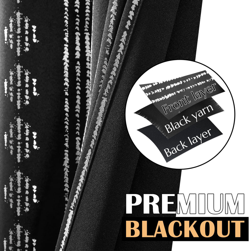 Jinchan 100% Blackout Boho Curtains 84 Inches Long For Bedroom Living Room Silver Geometric Foil Printed Grommet Top Room Darkening Thermal Insulated Window Drapes Black 52X84 2 Panels