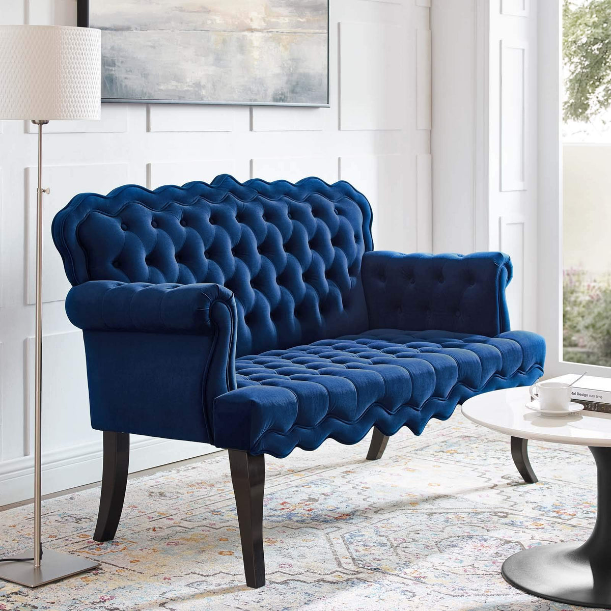 Modway Viola Tufted Velvet Modern Chesterfield Style Settee Loveseat In Navy