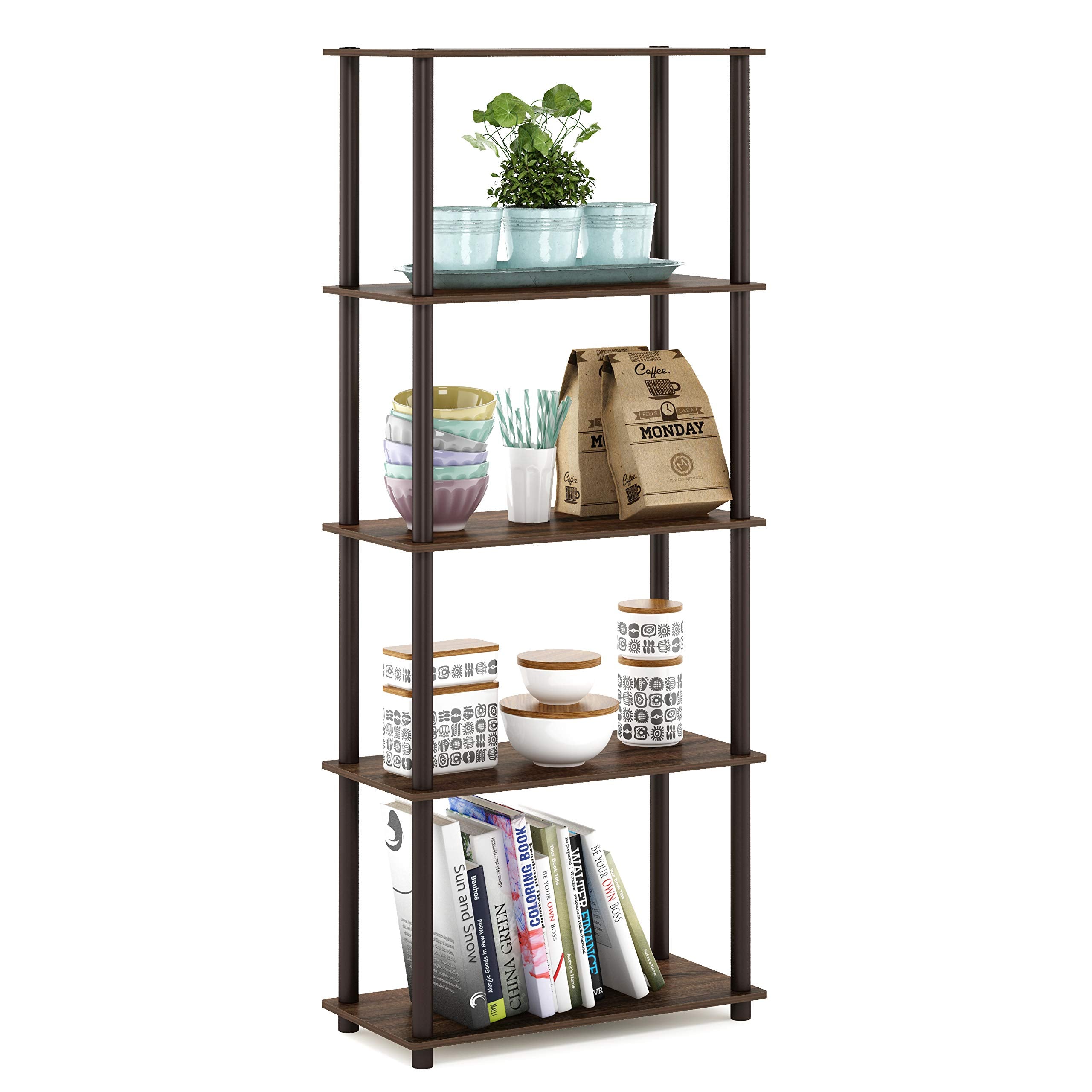 Furinno Turn-N-Tube 5-Tier Multipurpose Shelf / Display Rack / Storage Shelf / Bookshelf, Round Tubes, Walnut/Brown