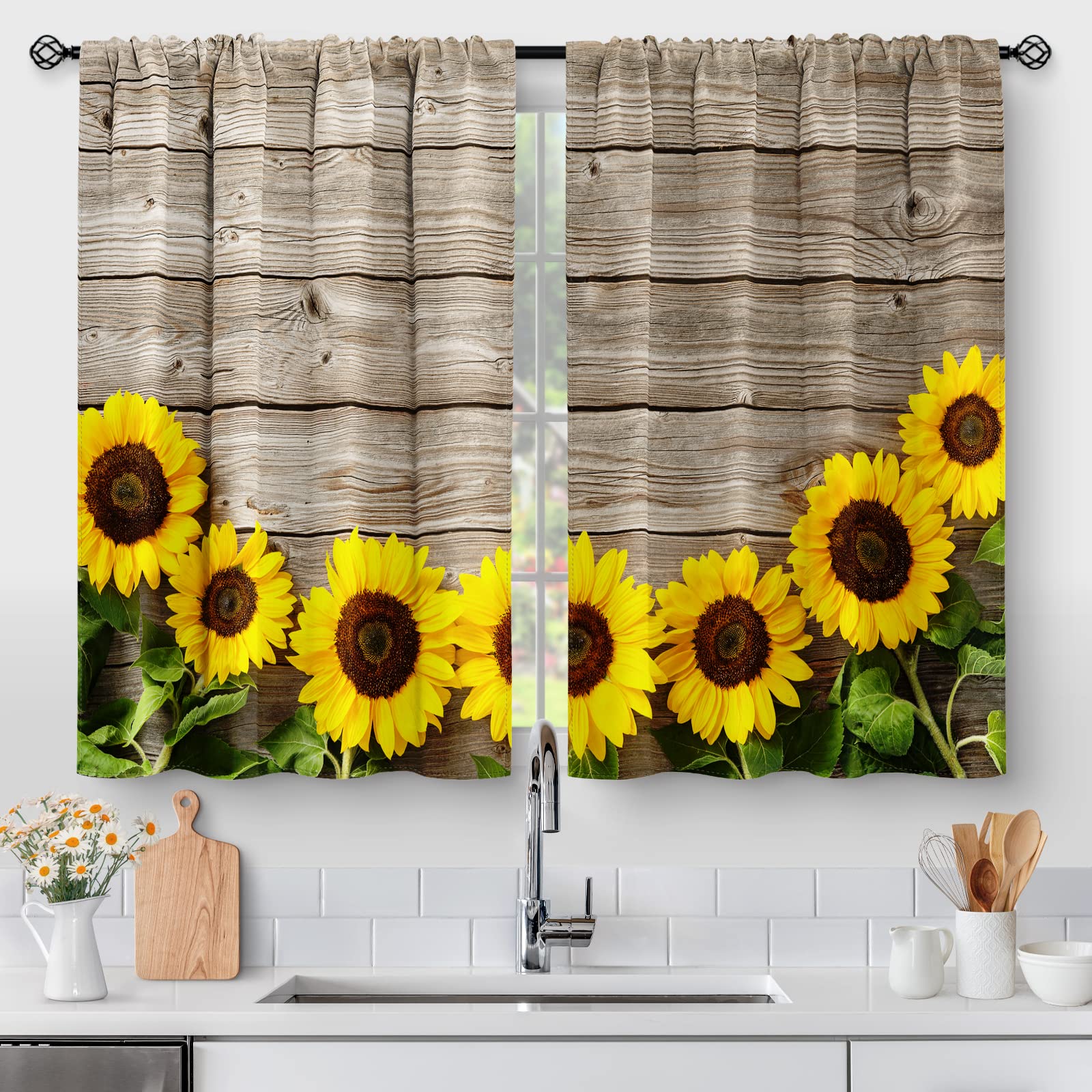 Aimego Wooden Barn Door Kitchen Curtains - Sunflower Rustic Country Wood Vintage Floral Short Cafe Tier Curtains Decor Farmhouse